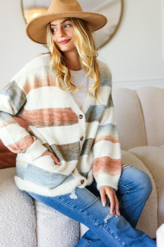 Ivory Striped Button Down Fuzzy Knit Cardigan for Women - Soft Warm Winter Sweater - Perfect for Office, Date Night and Casual Outfits
