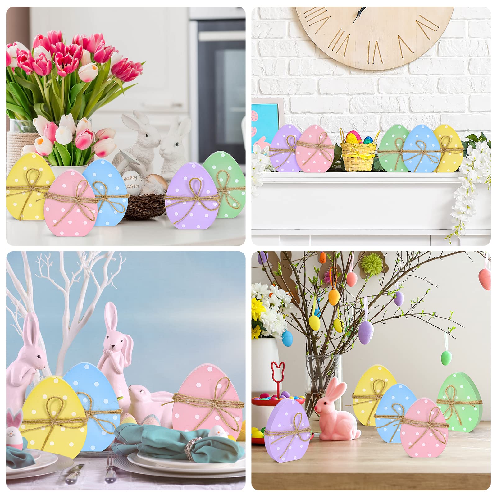 Whaline 5Pcs Easter Wooden Egg Decor - Polka Dot Table Centerpieces, Spring Easter Standing Egg Signs for Tiered Tray & Home Party Decor - Perfect for Easter Tablescapes, Spring Home Decor & Holiday Celebrations