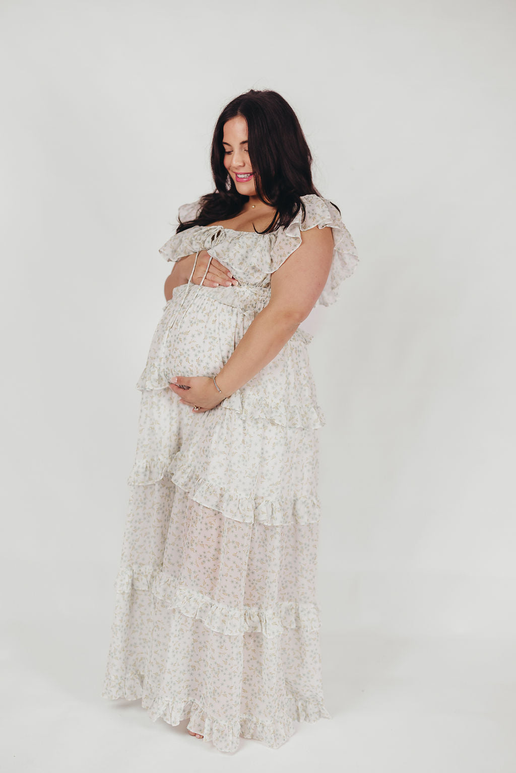 Astrid Ruffle Detail Maxi Dress - Lavender Floral Maternity Dress for Bump Friendly Comfort | Perfect for Baby Showers, Summer Weddings & Beach Vacations