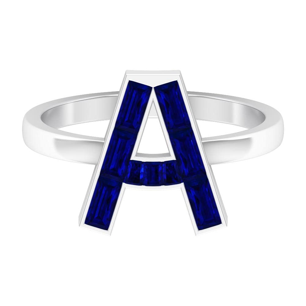 Lab Created Blue Sapphire Alphabet Initial Rings A to Z - 14K White Gold Baguette Letter Rings for Women - Perfect for Birthdays, Anniversaries & Personalized Gifts