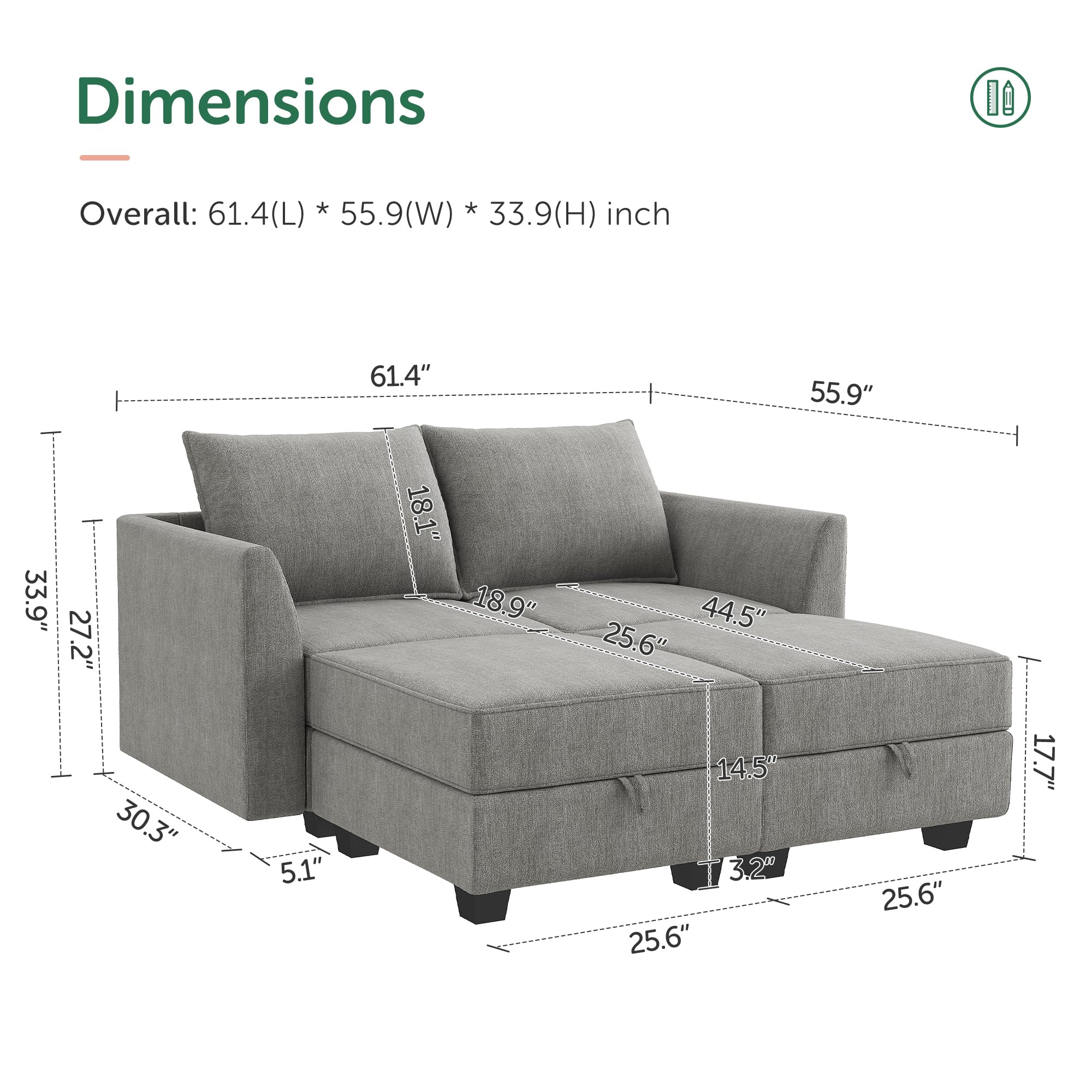 HONBAY Convertible Sectional Sofa with Chaise and Ottoman - Modular L-Shaped Couch for Small Spaces, Grey - Perfect for Apartments, Living Rooms and Home Theater Seating
