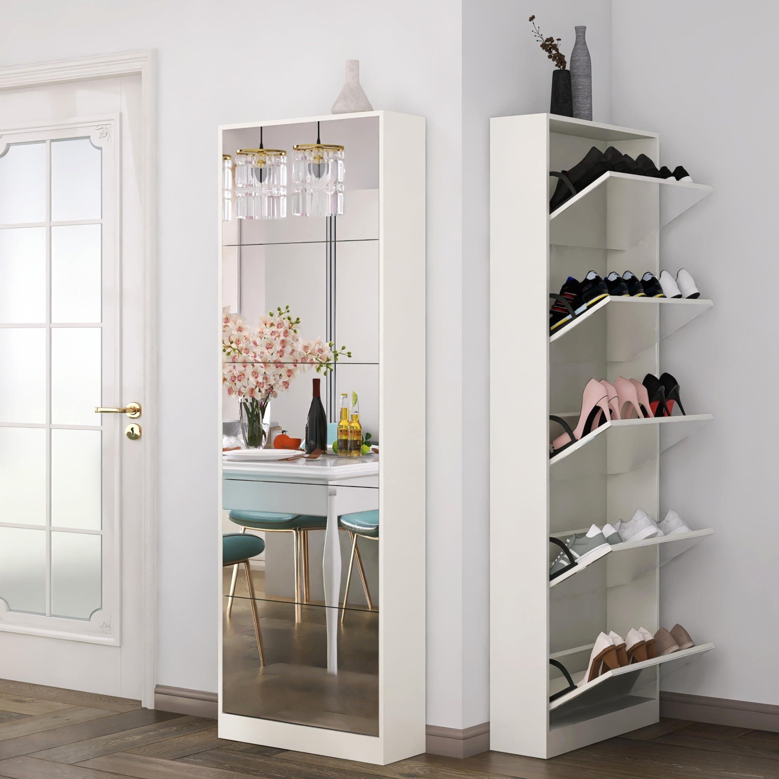 Modern Shoe Cabinet with Full-Length Mirror & 5 Flip Drawers - Freestanding Shoe Rack Organizer for Entryway, Living Room, Bedroom - Space-Saving Shoe Storage Solution for Small Apartments & Homes