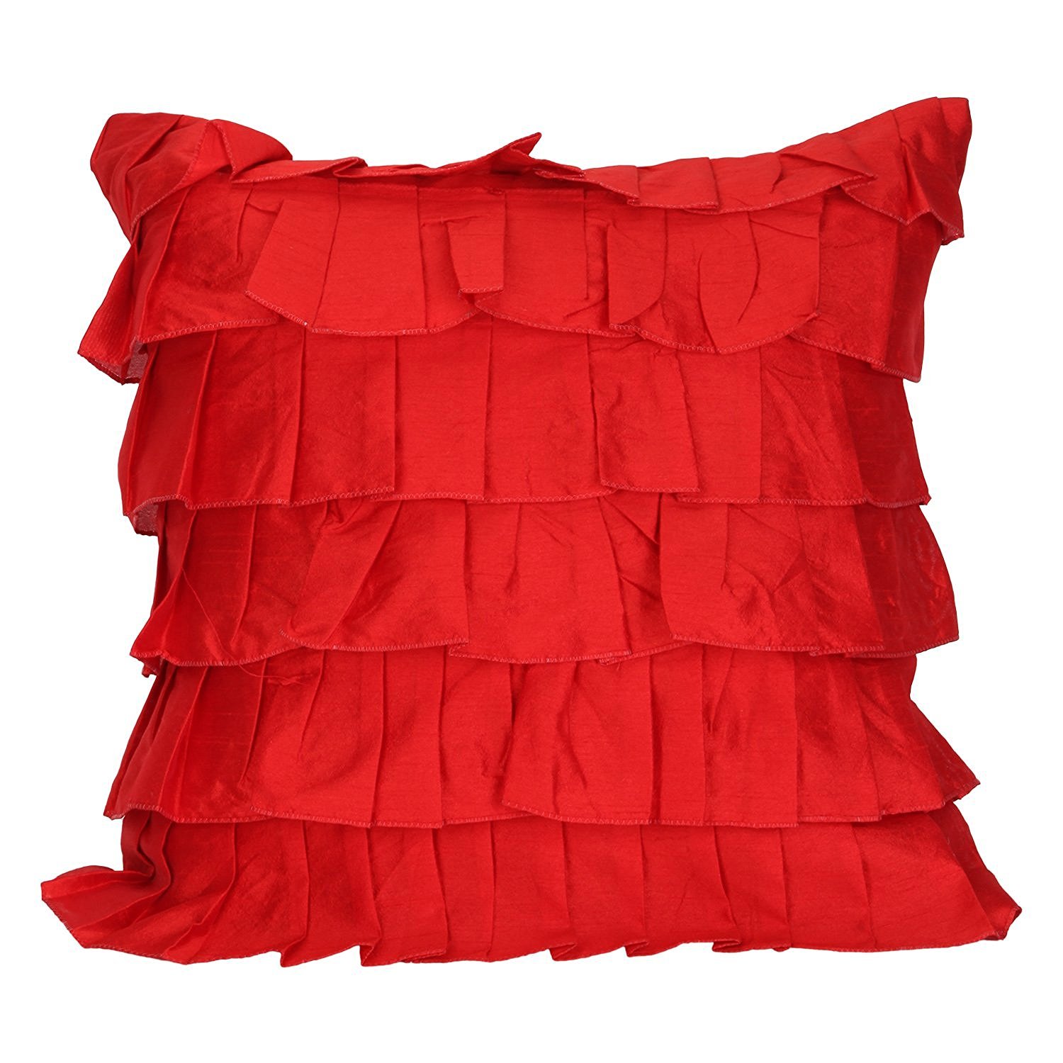Elegant White Petals Set of 2 Red Accent Pillow Covers with Ruffles & Frills - 18x18 Inch Decorative Throw Pillow Covers for Sofa, Bed & Living Room Decor