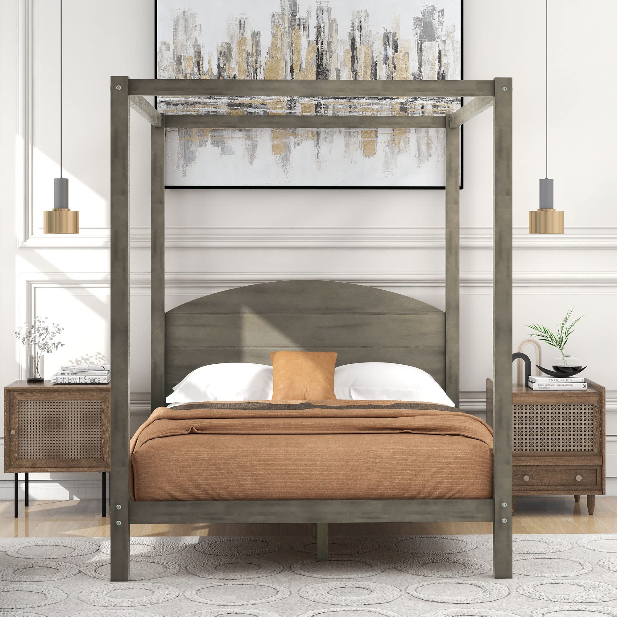 Full Size Canopy Bed Frame with Headboard & Slat Support - Solid Wood 4 Poster Platform Bed for Adults, Teens & Kids - No Box Spring Needed (Brown Wash) | Perfect for Master Bedrooms, Guest Rooms & Dorm Decor