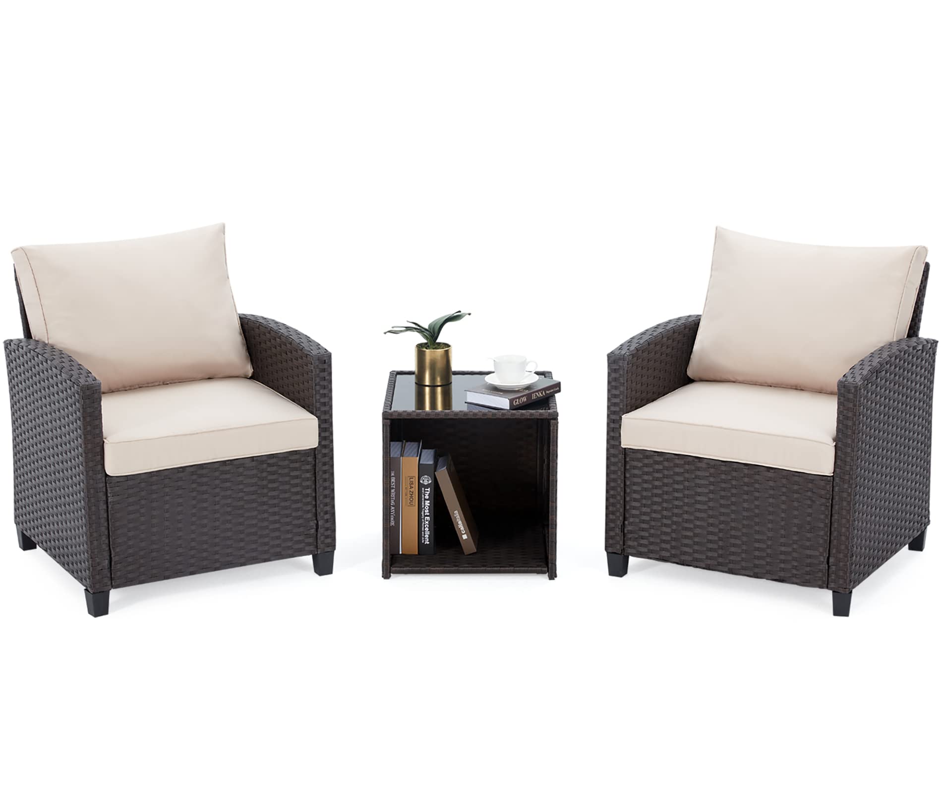 UPHYB 3-Piece Outdoor Bistro Set - Wicker Patio Furniture Conversation Set with Rattan Chairs & Sofa for Garden, Balcony, Porch - Light Beige - Perfect for Relaxing, Entertaining & Outdoor Dining