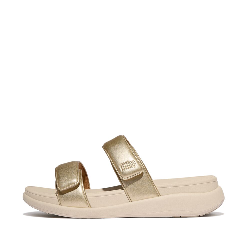 FitFlop F Mode Go Adjustable Flatform Two Bar Slide Sandals for Women - Comfortable Orthopedic Support, Lightweight & Cushioned - Perfect for Walking, Travel, and Summer Outfits (Platino)