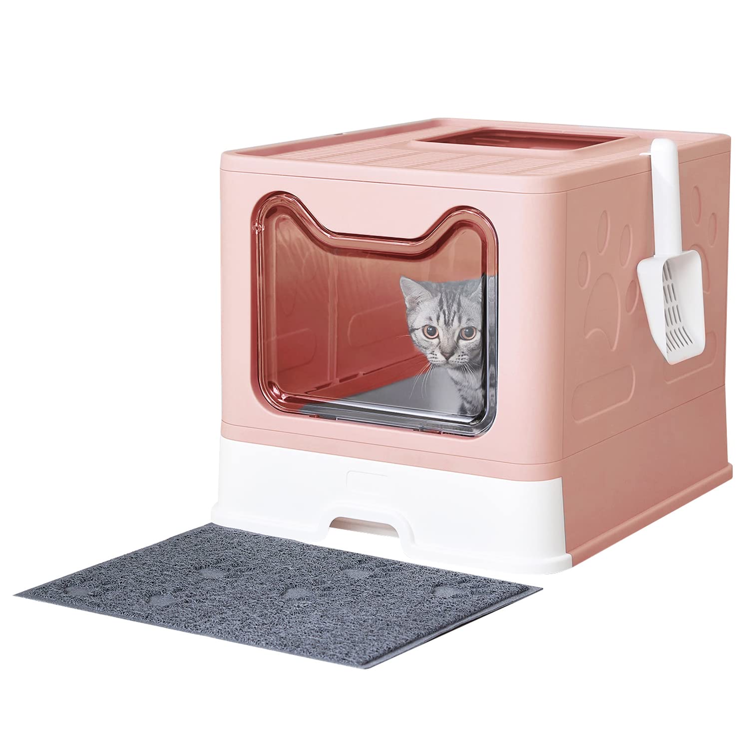 Foldable Cat Litter Box with Lid - Large Covered Litter Box with Scoop & Litter Mat - Odor Control & Easy Clean Front Entry Top Exit Kitty Litter Box (Pink) - Perfect for Small Spaces & Multi-Cat Homes