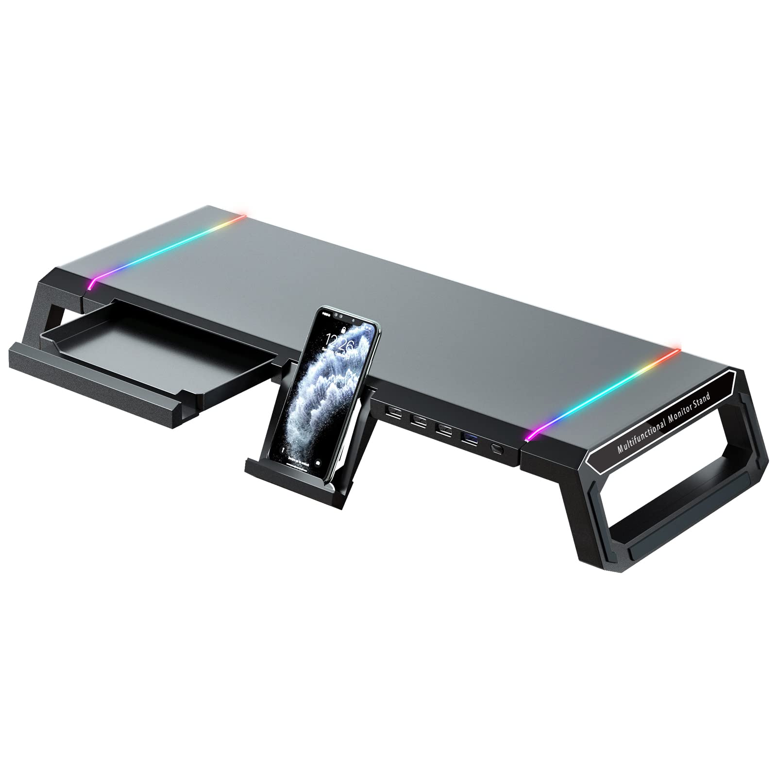 KYOLLY RGB Gaming Monitor Stand with Storage Drawer & Phone Holder - USB 3.0/2.0 Hub, Adjustable Height - Perfect for PC Gaming Setup & Home Office Workspace