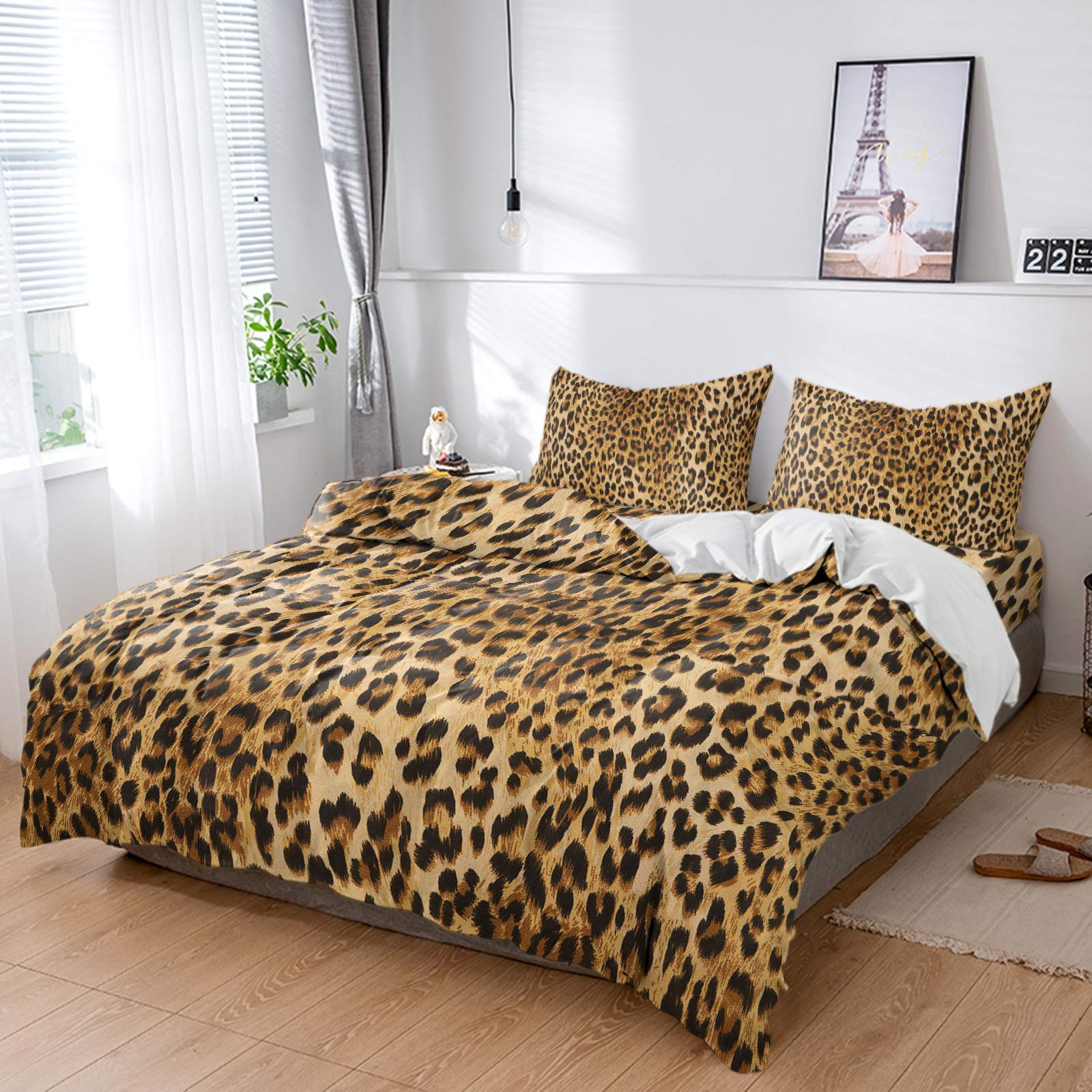 4 Piece African Wild Animal Print Duvet Cover Set - Leopard Texture Bedspread & Pillow Shams for California King Size Bed | Jungle Theme Bedroom Decor for Safari, Bohemian or Luxury Home Style