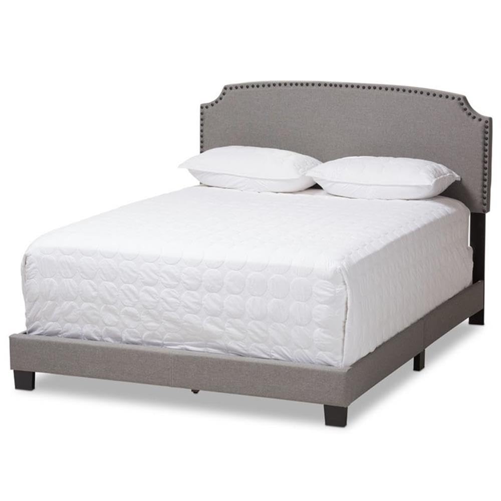 Baxton Studio Odette Nailhead Upholstered King Size Bed Frame in Light Grey - Luxurious Bedroom Furniture for Master Suite Decor