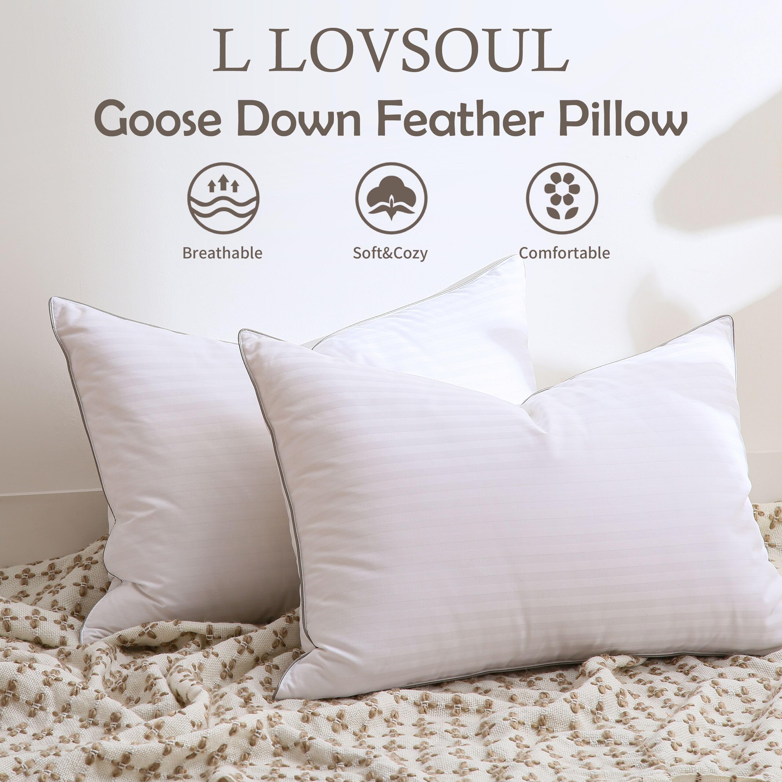 Premium Goose Feather Down Pillows Queen Size - 100% Soft Cotton Cover, Medium Firm Support for Back Sleepers - Hotel Collection Pillow (1 Pack) - Ideal for Home, Travel & Guest Rooms