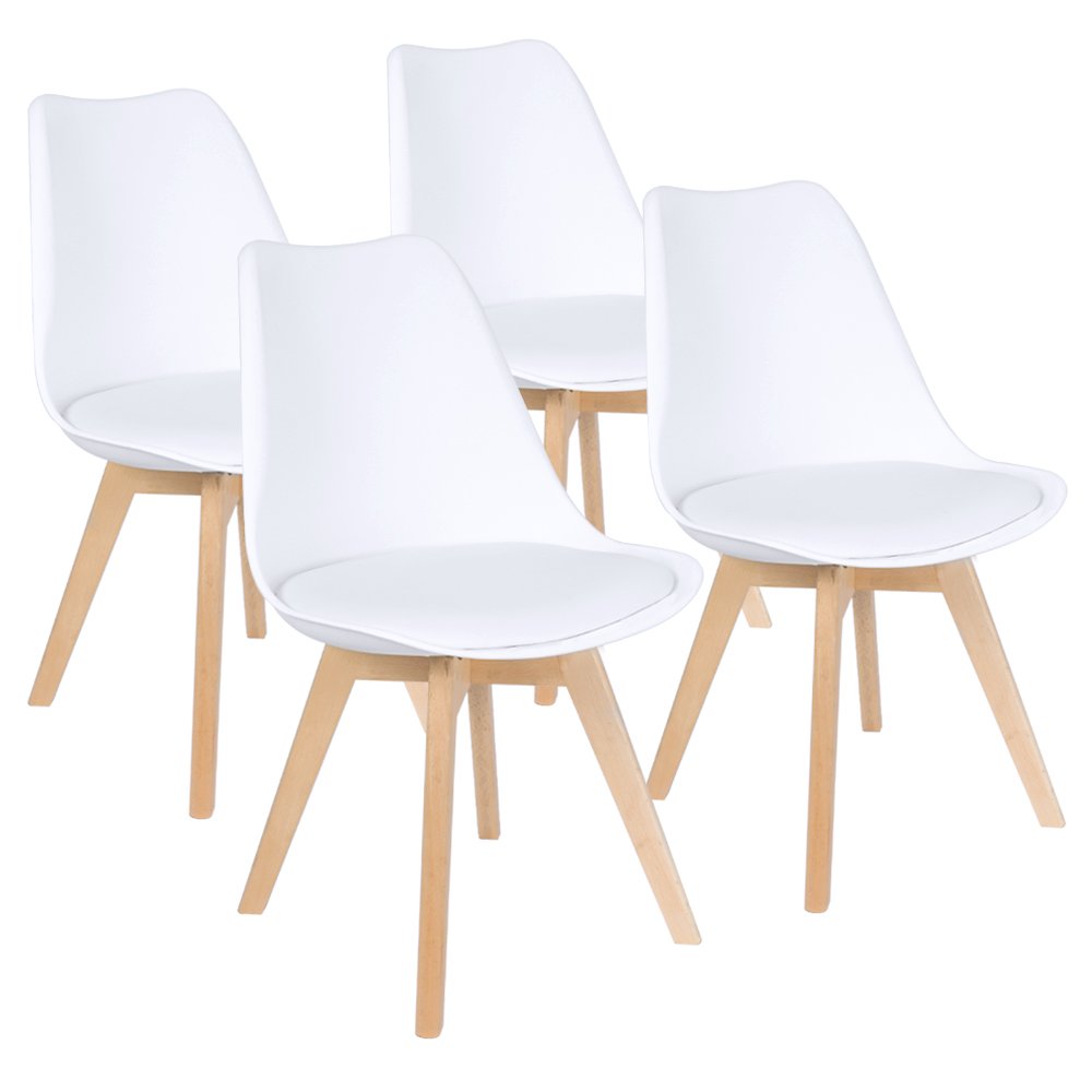 Furmax Mid Century Modern DSW Upholstered Side Chair with Beech Wood Legs & Soft Padded Shell - Set of 4 White Tulip Chairs for Dining Room, Living Room, Bedroom & Kitchen - Perfect for Home Decor, Small Spaces & Modern Interior Design