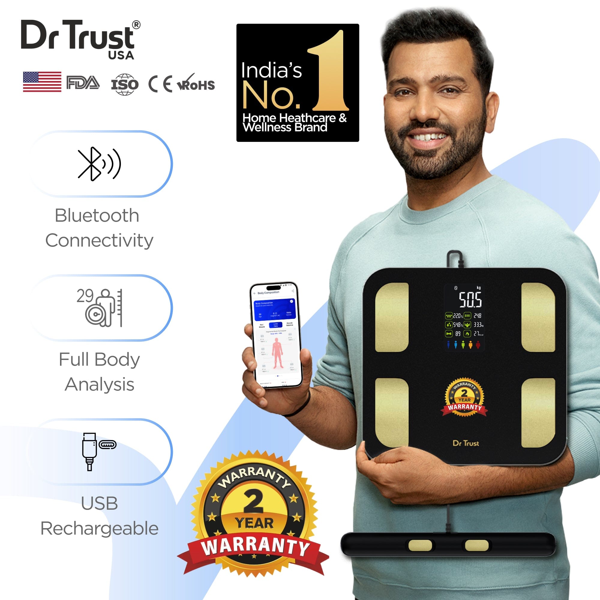 Dr Trust USA 8-Electrode Smart Digital Body Weight Scale with BMI & Fat Analyzer - Bluetooth Sync for iOS/Android, Rechargeable, 29 Health Metrics Tracking - Body Composition Monitor for Home Gym & Health Management (Black) - Perfect for Fitness Enthusiasts & Weight Loss Programs
