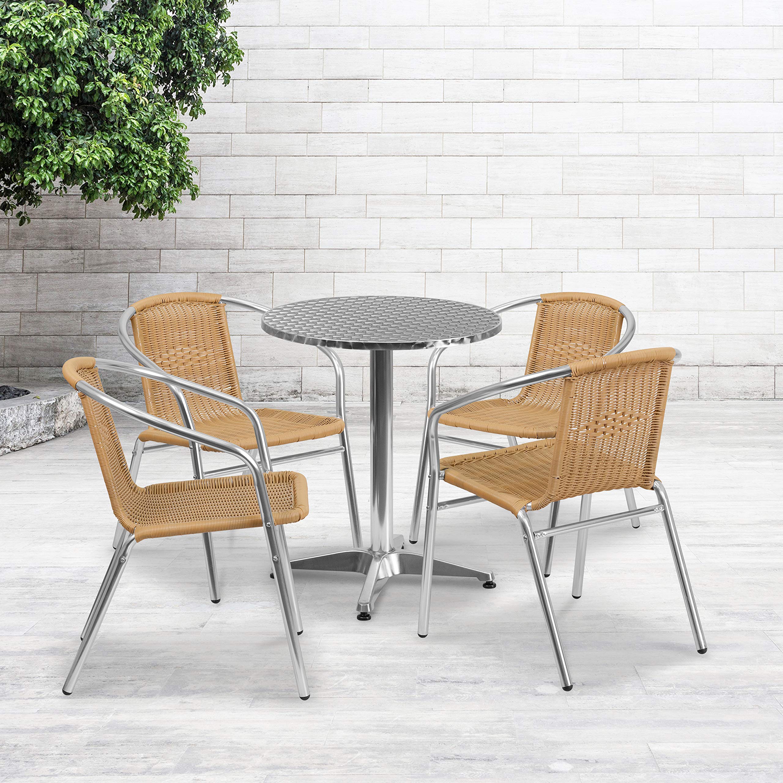 Flash Furniture Lila 23.5'' Round Aluminum Patio Dining Table Set with 4 Beige Wicker Chairs - Perfect for Outdoor Entertaining, Backyard BBQs & Poolside Gatherings