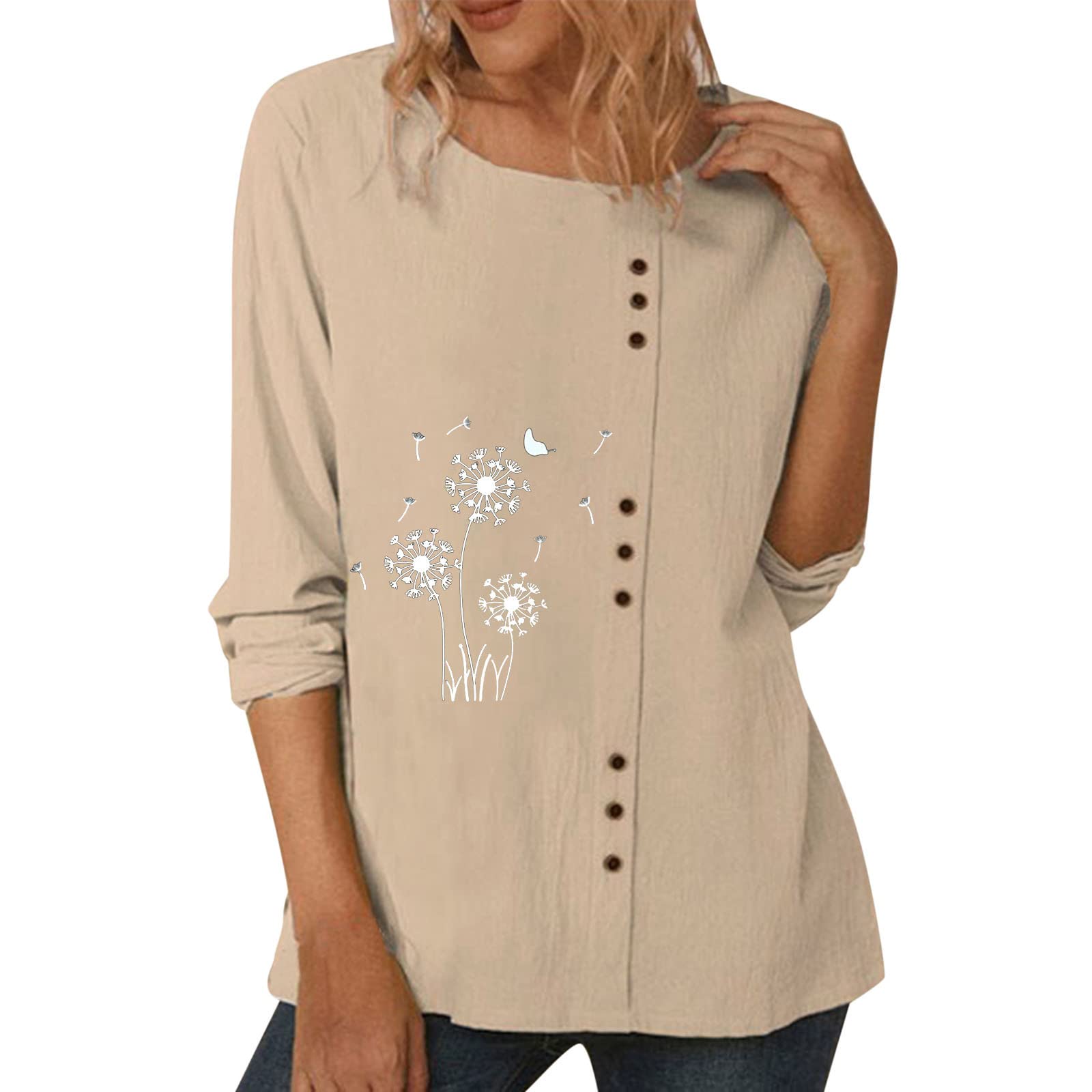 Women's Dandelion Print Long Sleeve Cotton T-Shirt - Office Casual Crew Neck Shirt in Khaki - Perfect for Work, Business Meetings & Everyday Wear