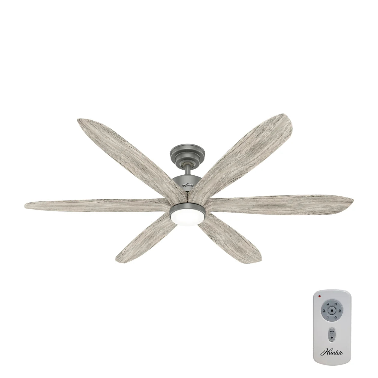 Hunter 58 Inch Rhinebrook Ceiling Fan with LED Light - Matte Silver/Weathered White Birch - Perfect for Living Room, Bedroom, and Outdoor Patio Cooling