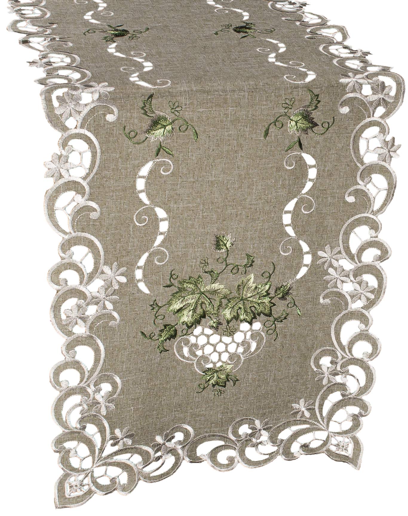 Antique Green Embroidered Leaf Table Runner - 16x70 Inches Long Dresser Scarf for Dining Table, Buffet, or Console Decor