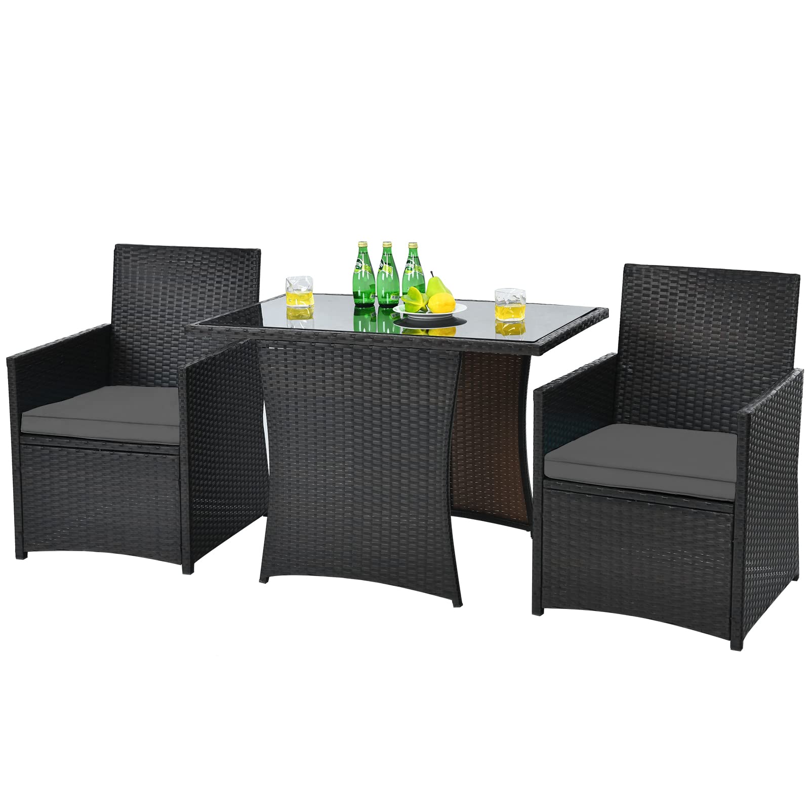 HappyGrill 3-Piece Outdoor Wicker Bistro Set - PE Rattan Dining Table with Cushioned Chairs, Patio Conversation Furniture for Backyard, Porch, Garden & Poolside - Perfect for Outdoor Dining & Relaxing
