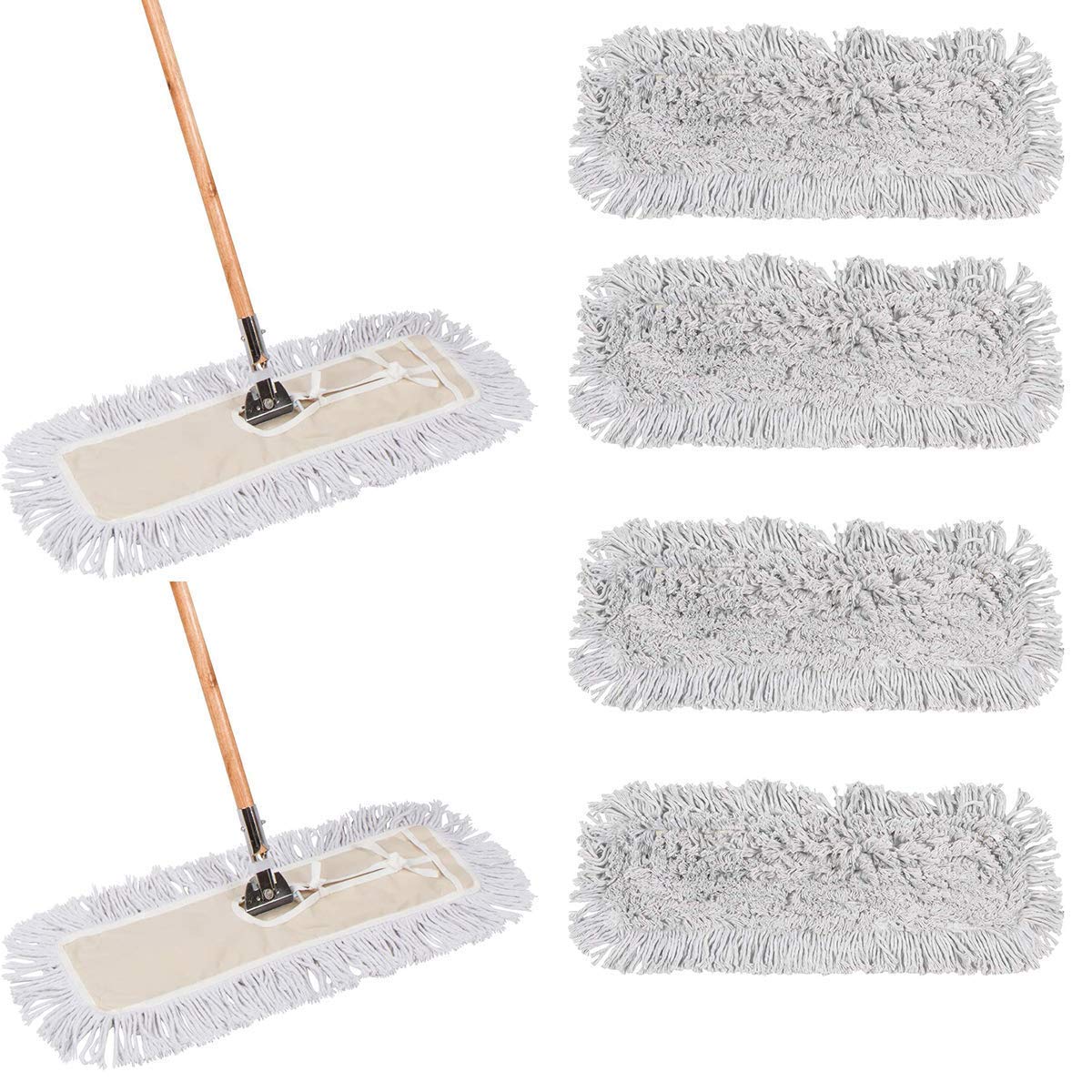 24 Inch Heavy-Duty Cotton Dust Mop with Wooden Handle - Commercial Grade Floor Cleaning for Warehouse, Gym & Hardwood Floors - Includes 2 Mops + 4 Refill Pads (Industrial Strength)