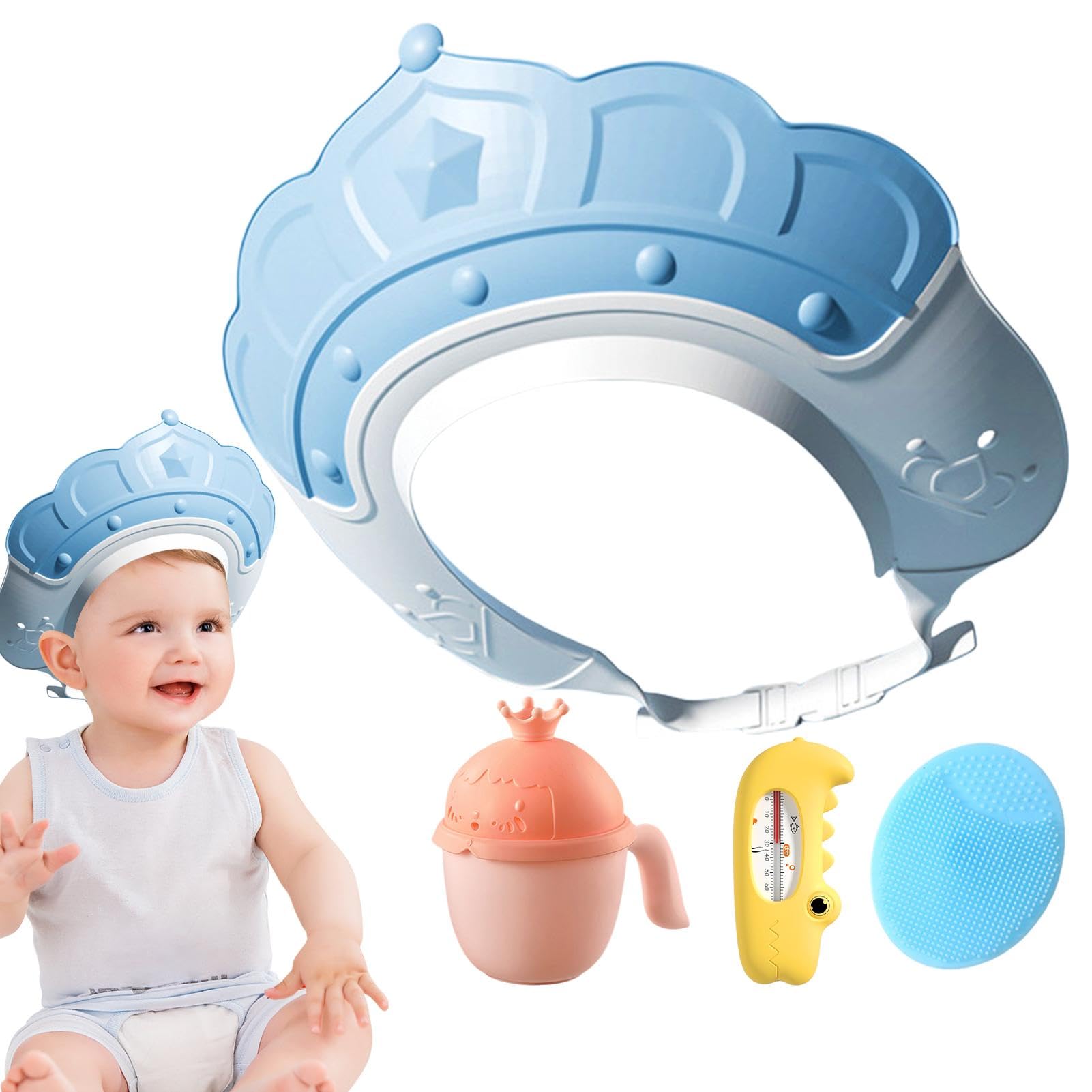Waterproof Bathing Hat for Kids - Adjustable Hair Washing Shield with Built-in Temperature Gauge & Shampoo Cup | Includes Massage Brush for Gentle Hair Care | Perfect for Toddler Bath Time, Spa Days & Sensitive Scalp Care