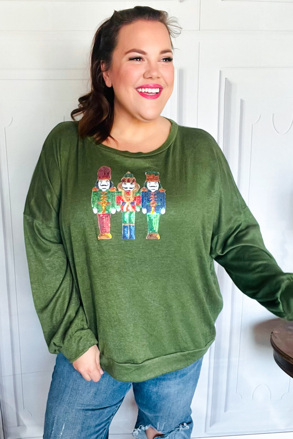 Festive Be Merry Forest Green Nutcracker Sequin Hacci Sweater Top for Christmas Party & Holiday Gatherings