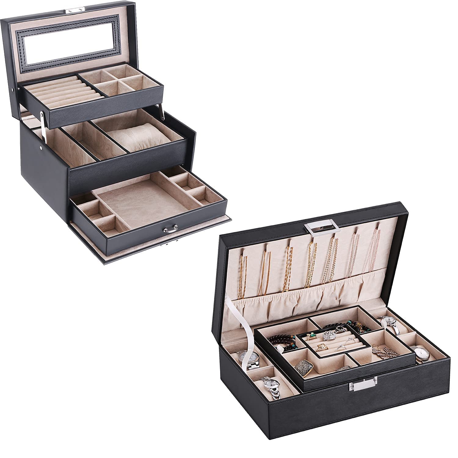 BEWISHOME Girls Jewelry Organizer Box with Lock - 4 Watch Storage Case, Portable Jewelry Box for Necklaces, Rings & Bracelets - Perfect for Travel, Birthday Gifts & Bedroom Decor (SSH77B07B)