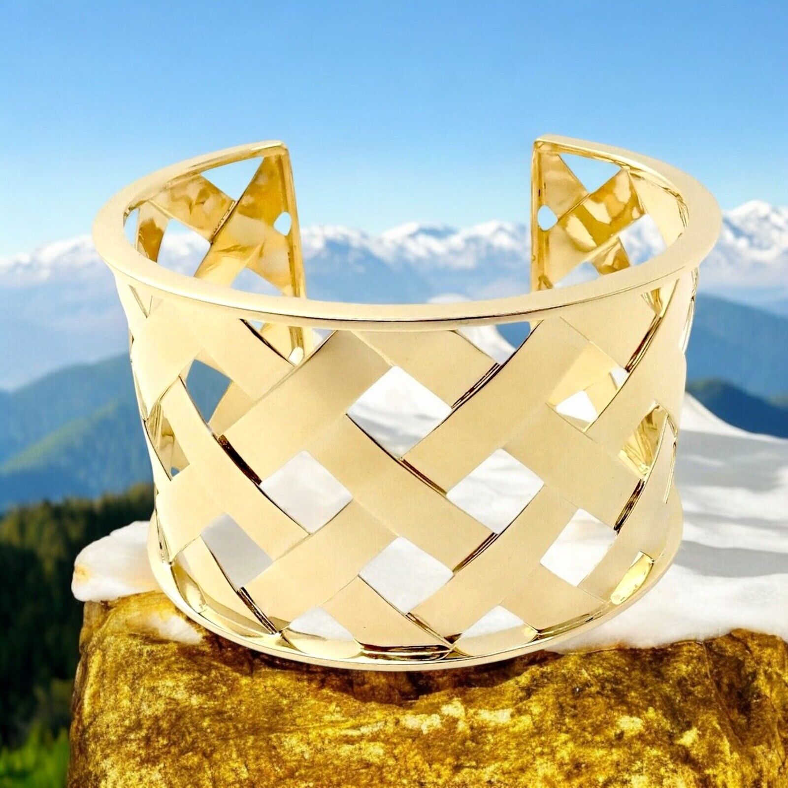 Authentic Verdura 18k Yellow Gold Criss Cross Wide Cuff Bracelet - Luxury Vintage Jewelry for Women, Perfect for Weddings & Special Occasions