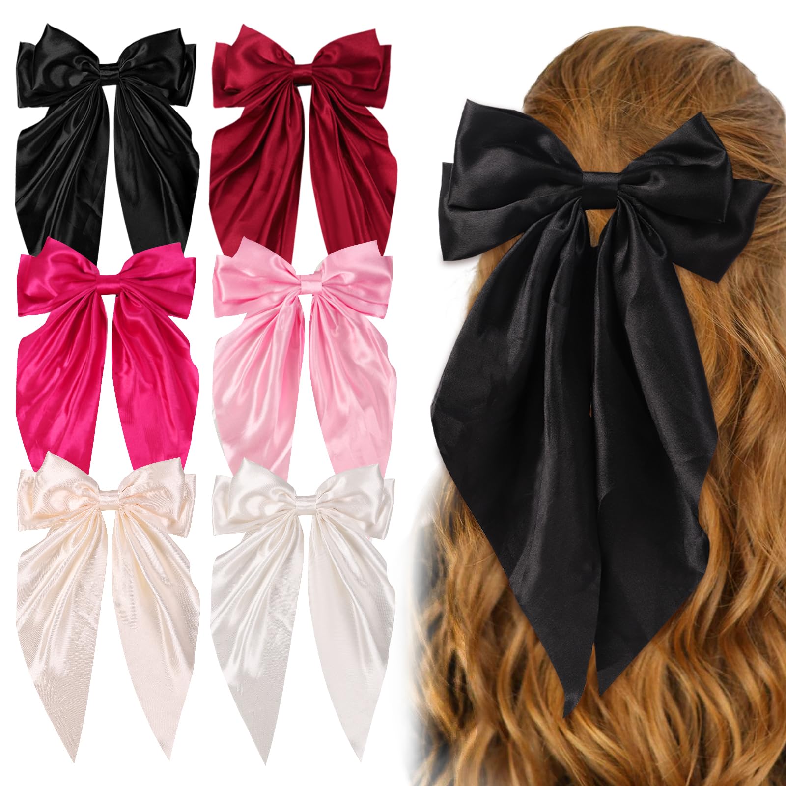 6PCS Large Hair Bows Clips for Women - Long Tail Soft Ribbon Silky Satin Barrettes Hair Accessories (6 Colors) | Perfect for Weddings, Parties, Daily Styling & Gifts