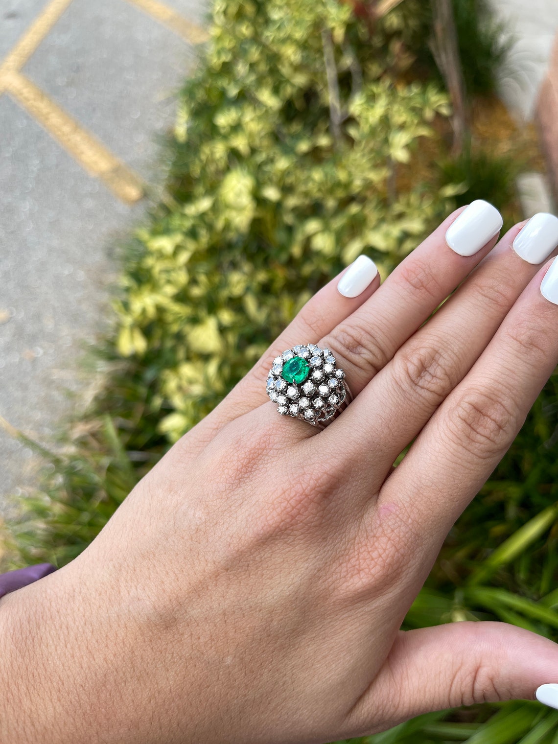 14K White Gold Vintage Cocktail Ring with 5.0tcw Cushion Cut Emerald & Diamonds - Elegant Statement Jewelry for Weddings, Parties & Special Occasions