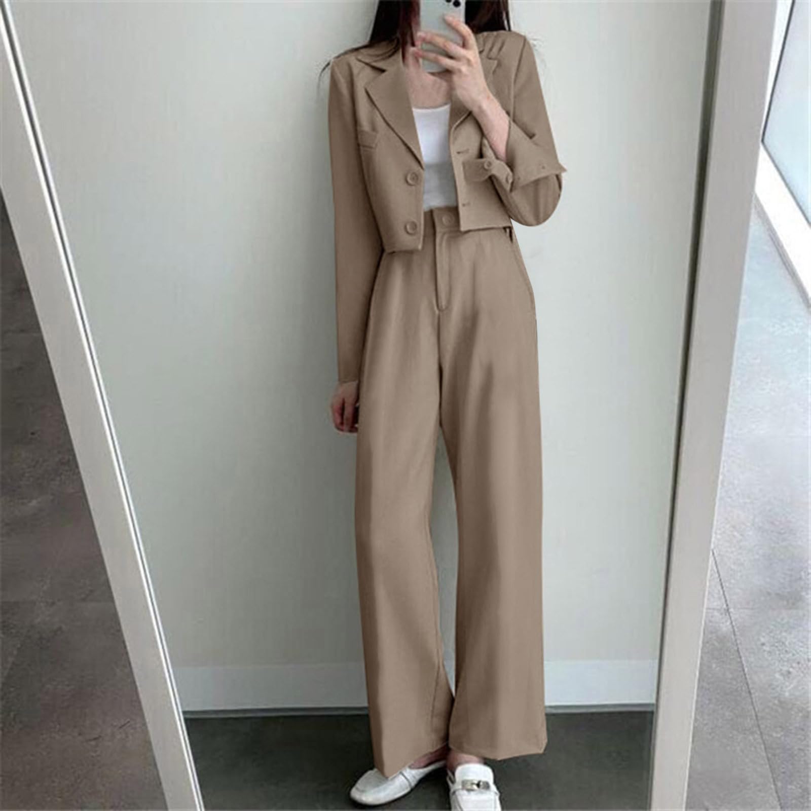 Women's Casual Two-Piece Suit Set - Blazer Jacket & Wide Leg Pants with Pockets | Lounge Wear, Office Outfit, Travel Matching Sets for Comfort & Style