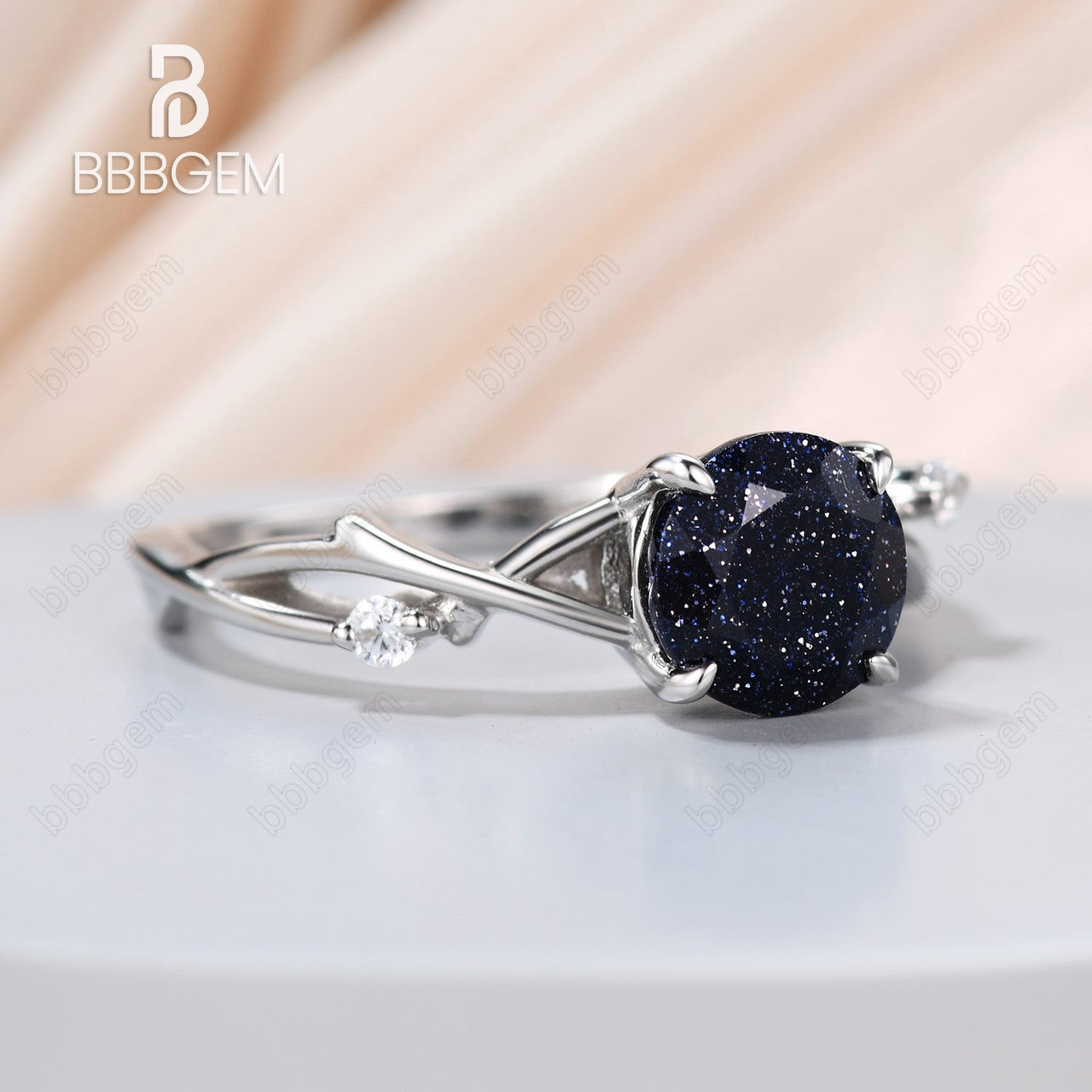 925 Sterling Silver Round Natural Blue Sandstone Ring - White Gold Plated Petite Twisted Willow Galaxy Engagement Ring for Women | Wedding, Anniversary, Gift, Boho Jewelry