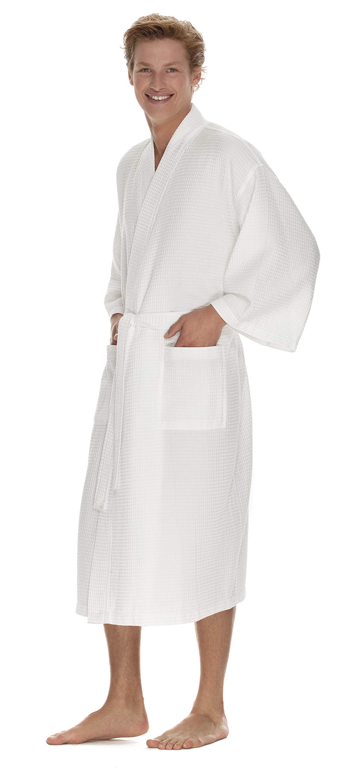 BOCA TERRY Men's Waffle Knit Spa Robe - Lightweight Long Cotton Kimono Bathrobe for Hotel & Home Use - Soft Lounge Robe for Relaxation, Spa Days & Cozy Evenings