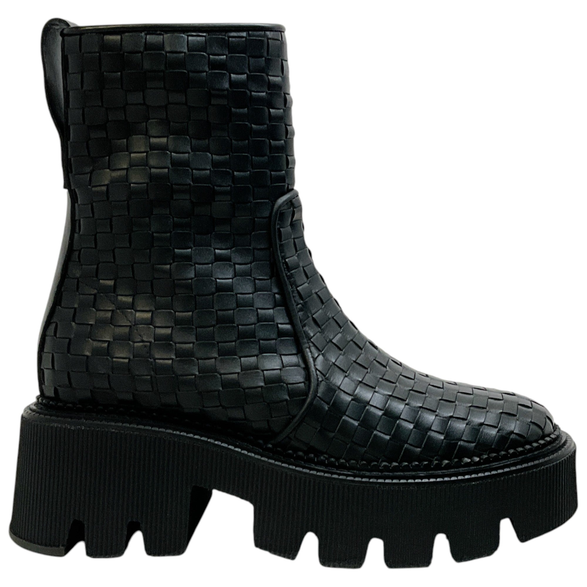 Freda Salvador Black Woven Leather Darla Lug Sole Boots - Women's Chunky Heel Ankle Booties for Fall & Winter | Perfect for Casual Outfits, Date Nights & Office Wear