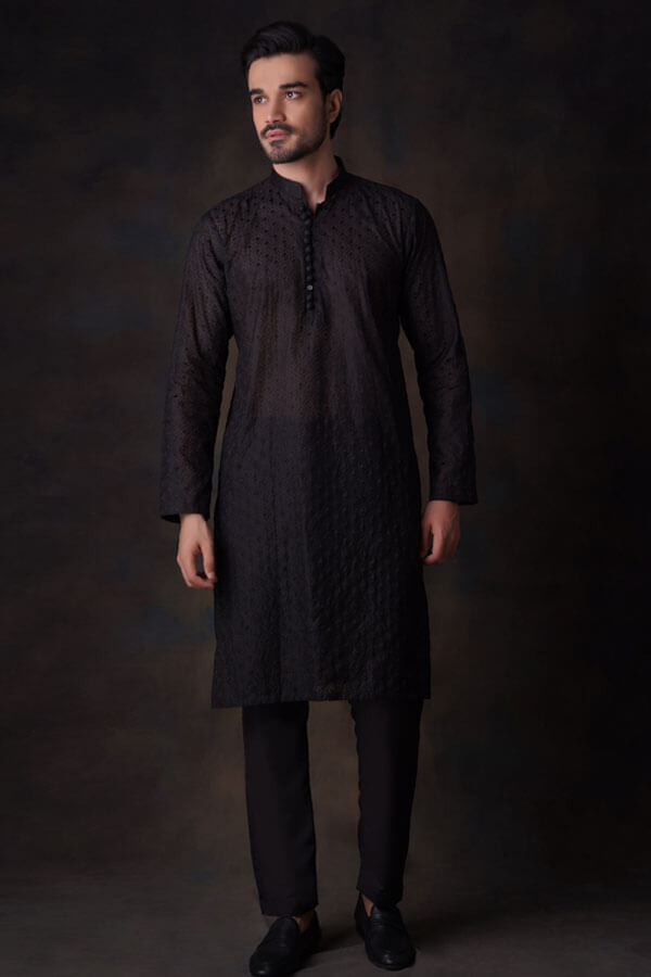 Jet Black Diamond Embroidered Cotton Sheer Kurta and Waistcoat Set for Women - Elegant Traditional Indian Outfit for Festivals, Weddings & Special Occasions
