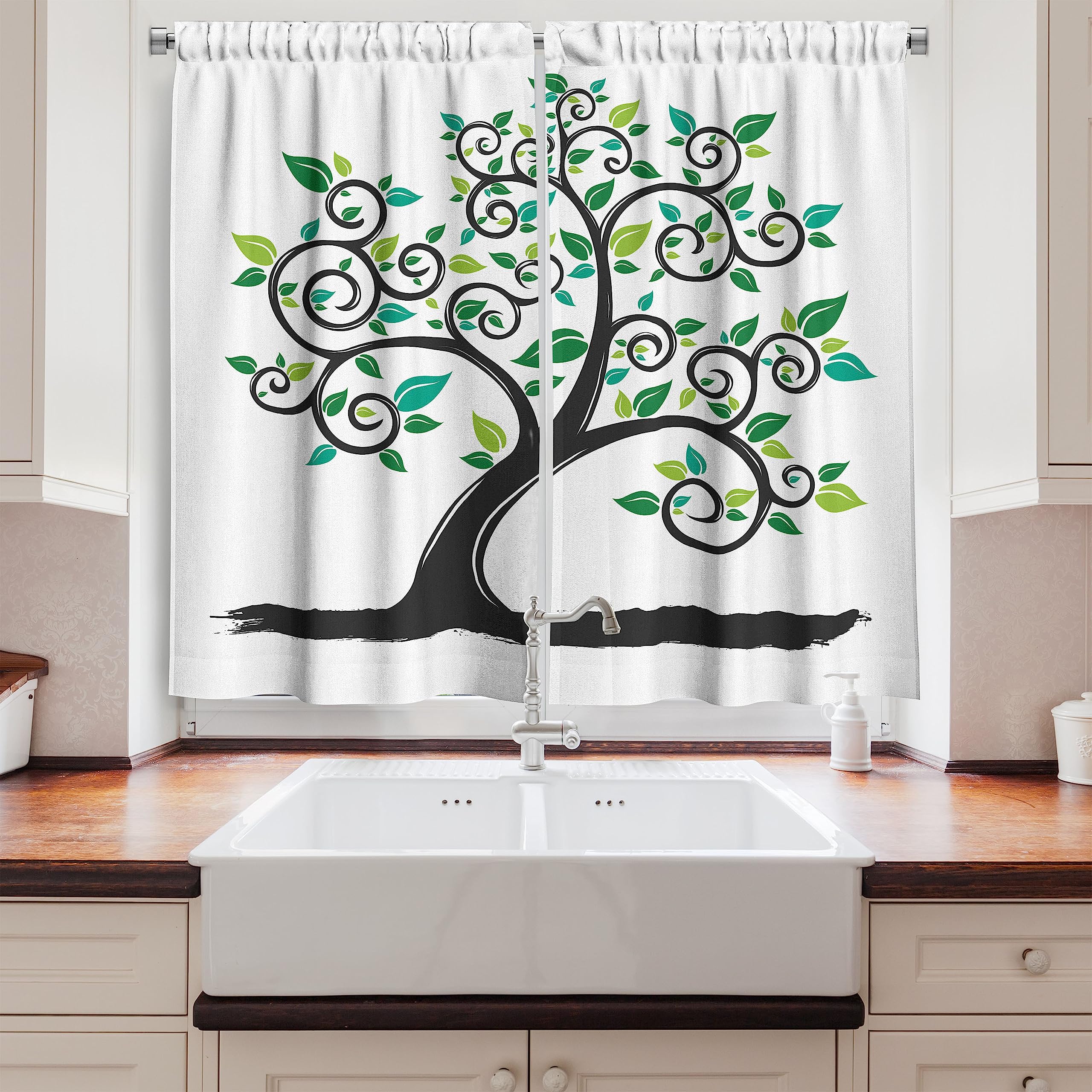 Ambesonne Tree Kitchen Curtains - Abstract Nature Design Window Drapes, 2 Panel Set for Kitchen & Cafe Decor, 55