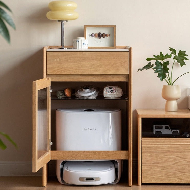 Solid Oak Wood Side Cabinet for Robot Vacuum Storage - Modern Rock Slab Design - Perfect for Living Room, Bedroom, or Home Office Organization