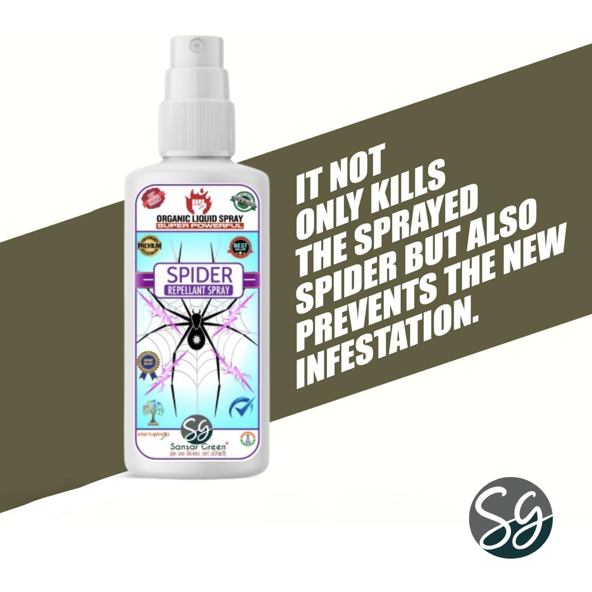 Sansar Green® Organic Spider Repellent Spray - Non-Toxic, Biodegradable & Pet Safe | Chemical-Free Indoor/Outdoor Bug Spray for Home, Office & Garden | 15-Day Protection with Refreshing Fragrance (100ml) | Perfect for Patios, Basements & Closets