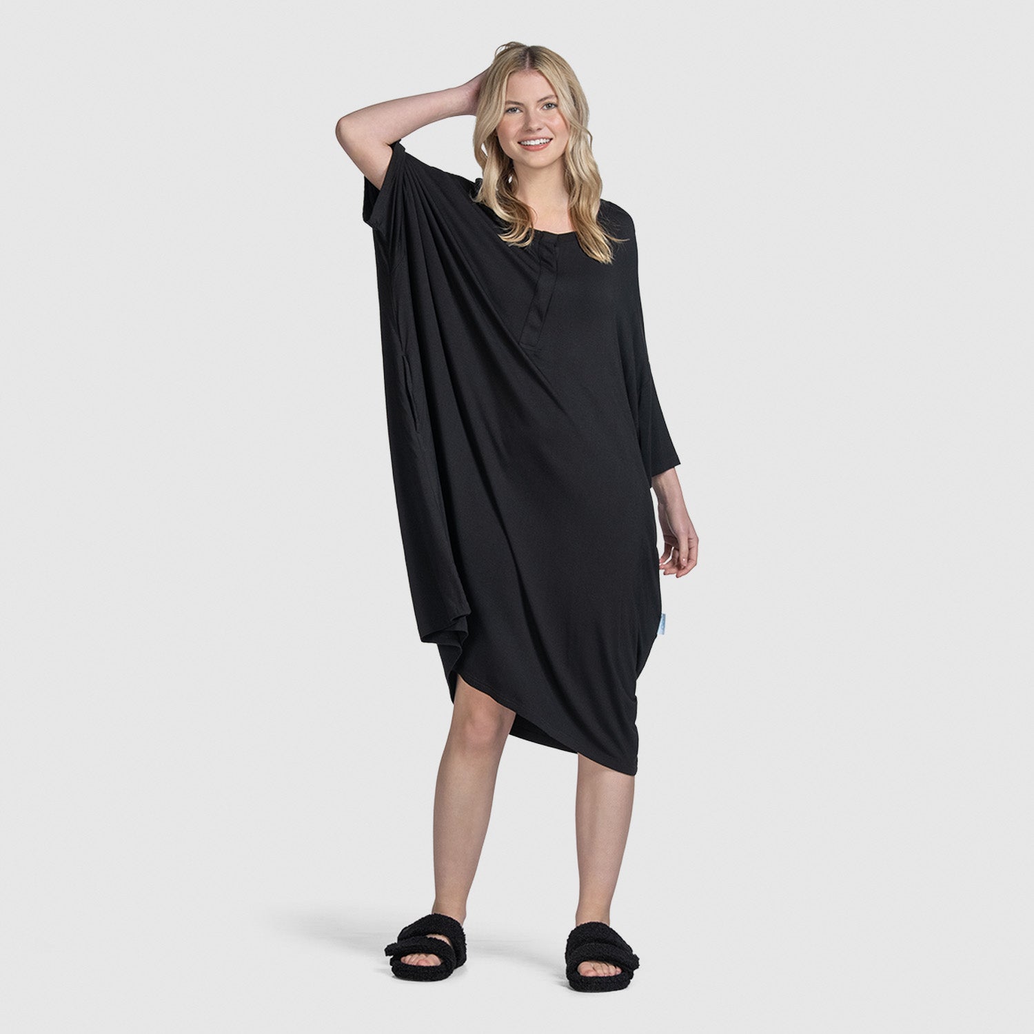 Black Button Up Oodie Sleep Tee - Soft & Cozy Oversized Loungewear for Women | Perfect for Sleeping, Relaxing at Home & Cold Weather Comfort