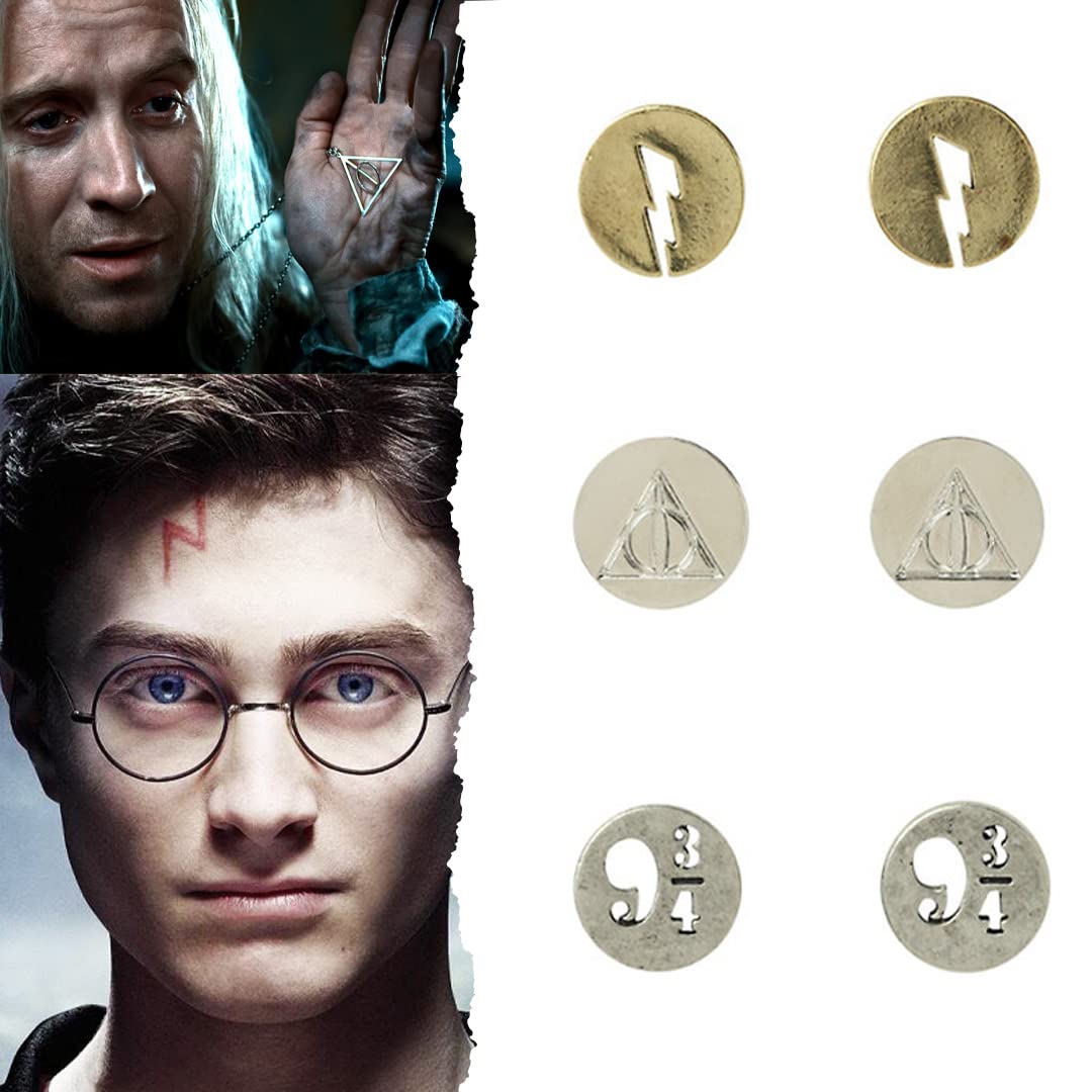 Harry Potter Earrings for Women - 3 Pack (9 3/4 Platform, Lightning Bolt Scar & Deathly Hallows) | Cute Witch Jewelry for Cosplay, Halloween & Potterhead Gifts