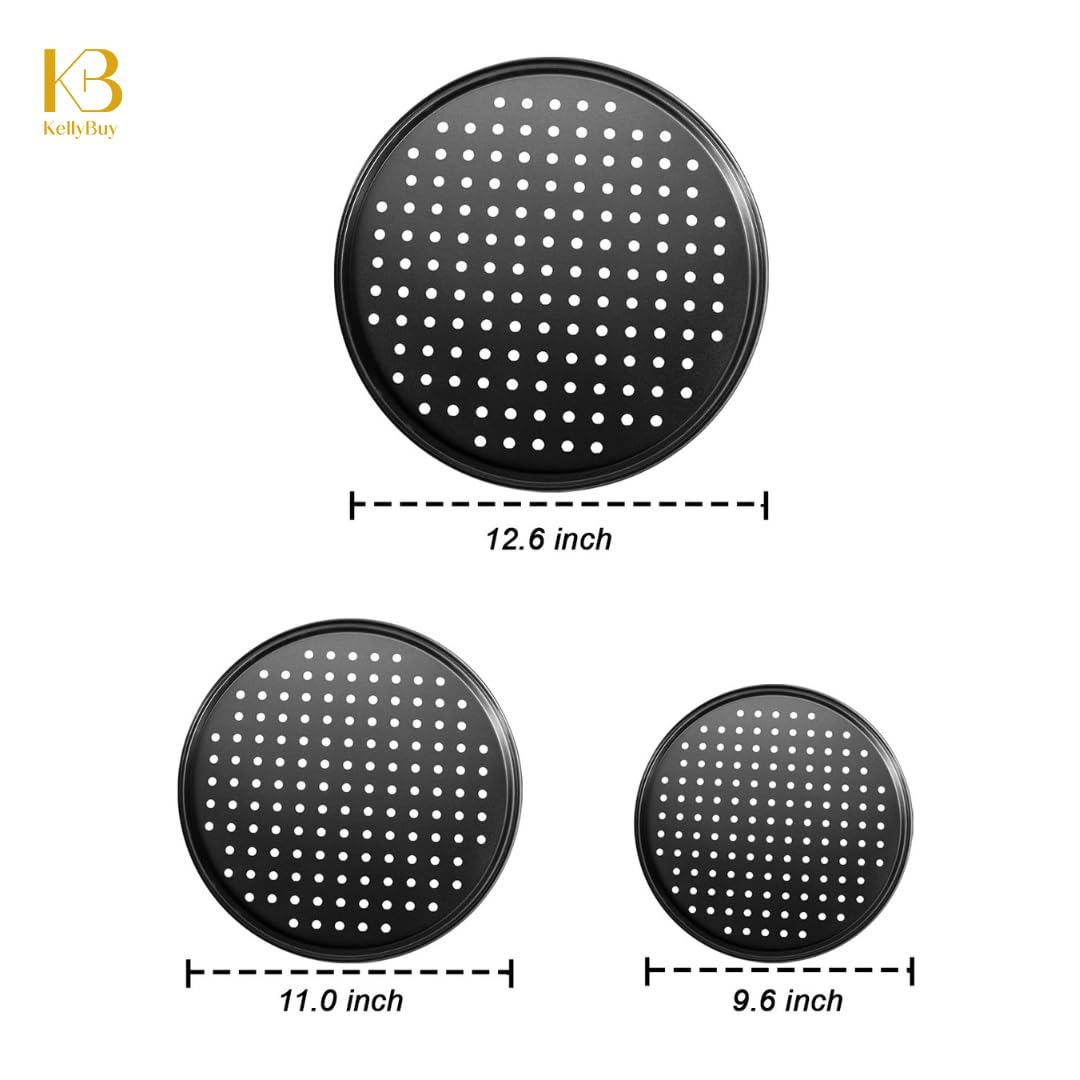3-Pack Non-Stick Carbon Steel Pizza Pans with Holes - 12, 11 & 9 Inch Round Baking Pans for Oven - Perfect for Home, Restaurant & Commercial Use - Durable Black Coating for Even Heat Distribution