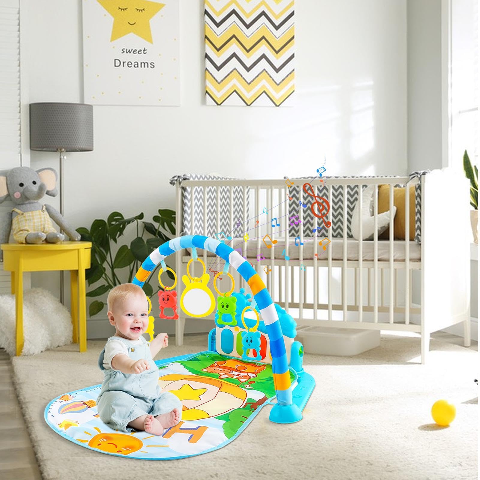 Baby Play Gym & Activity Mat with 5 Toys & Piano - Soft Toddler Playmat for Infants 3-12 Months - Perfect for Tummy Time, Sensory Development & Early Learning