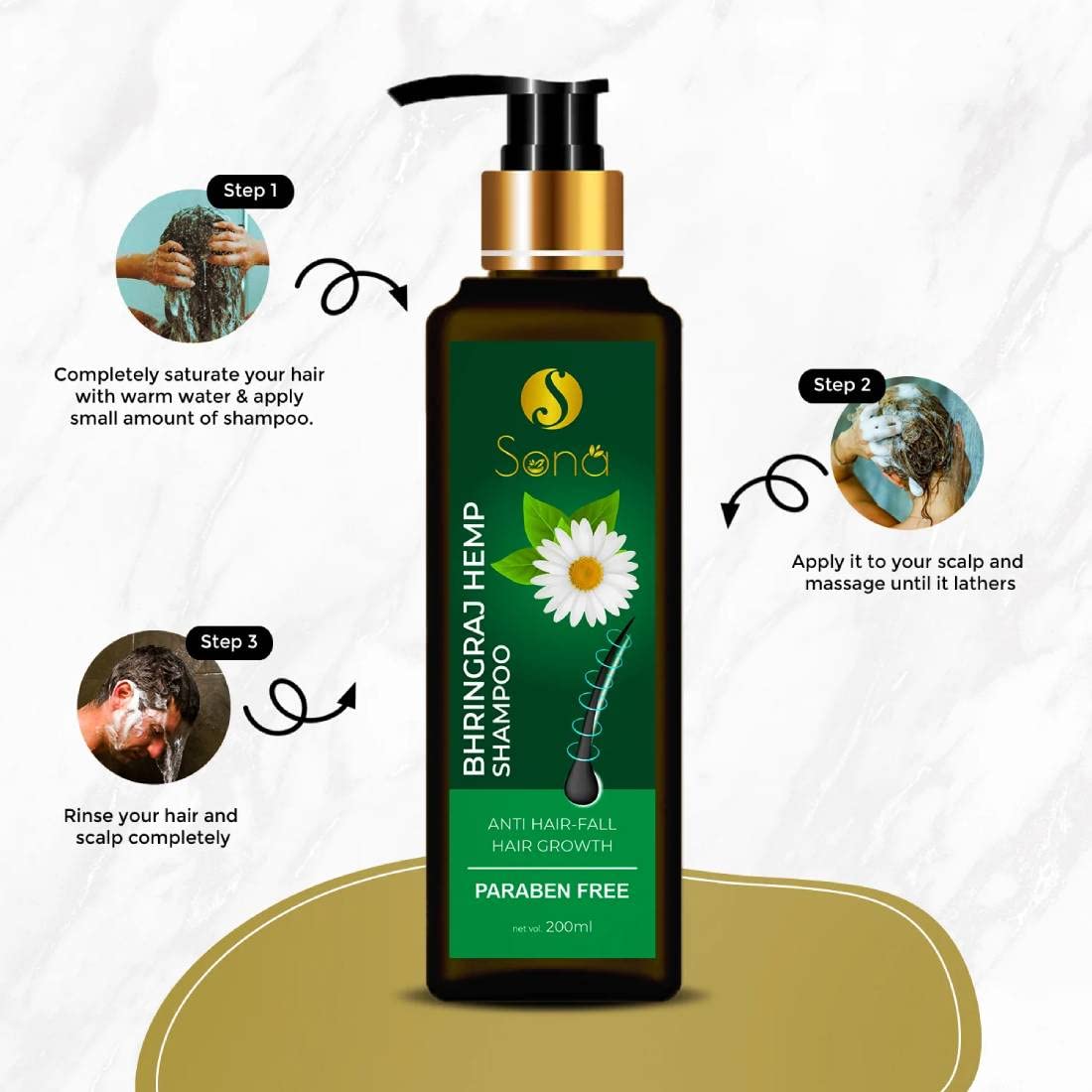 SONA Bhringraj Hemp Shampoo with Bhringraj Oil, Hemp Seed Oil & Vitamin E - Paraben Free Hair Care for Dry, Damaged Hair - Promotes Hair Growth & Scalp Health - Perfect for Daily Use & Natural Hair Treatment
