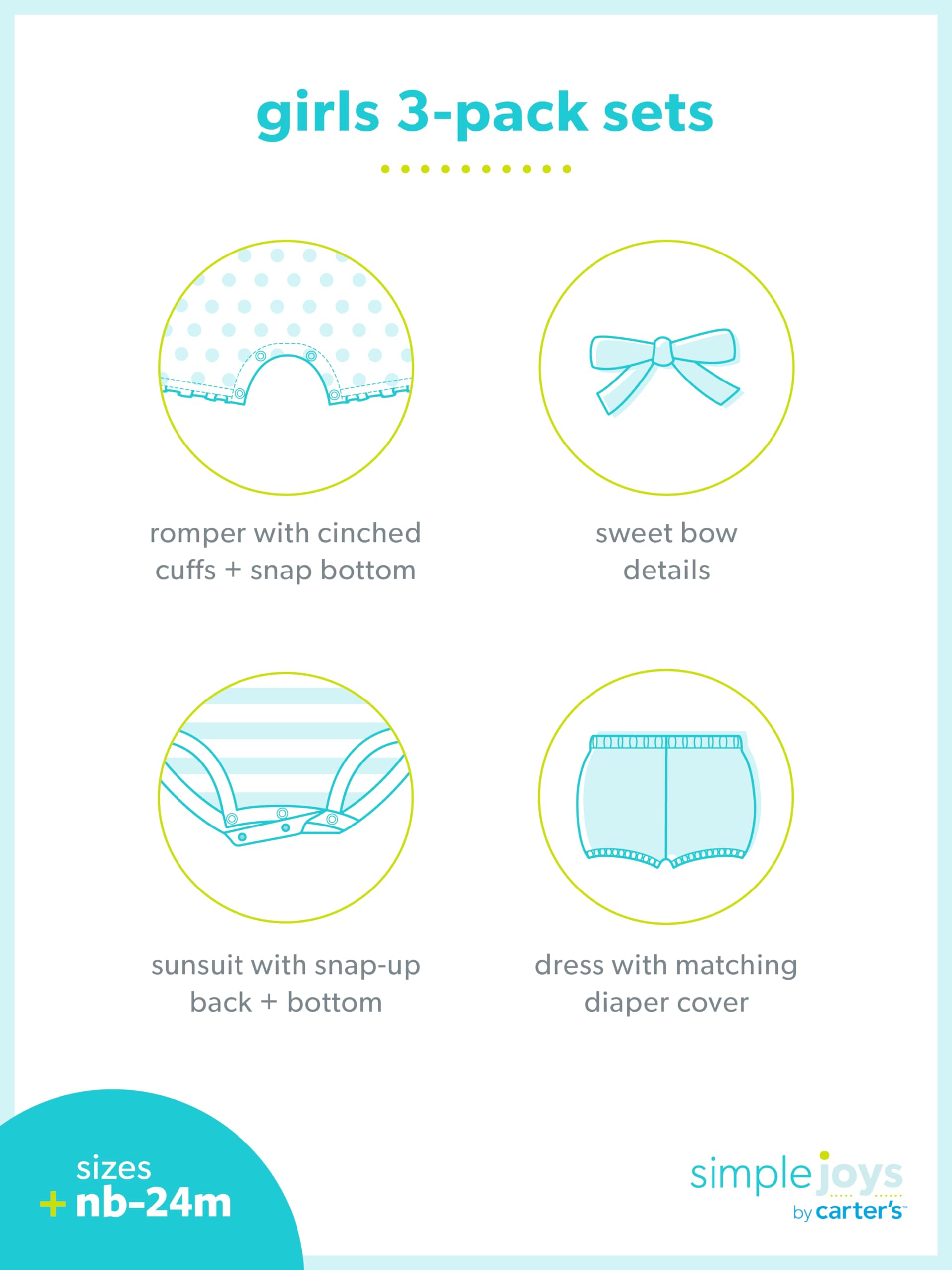 Carter's Baby Girls' 3-Pack Outfit Set - Romper, Sunsuit & Dress | Soft Cotton Playwear for Infants & Toddlers | Perfect for Summer, Playdates & Photo Shoots