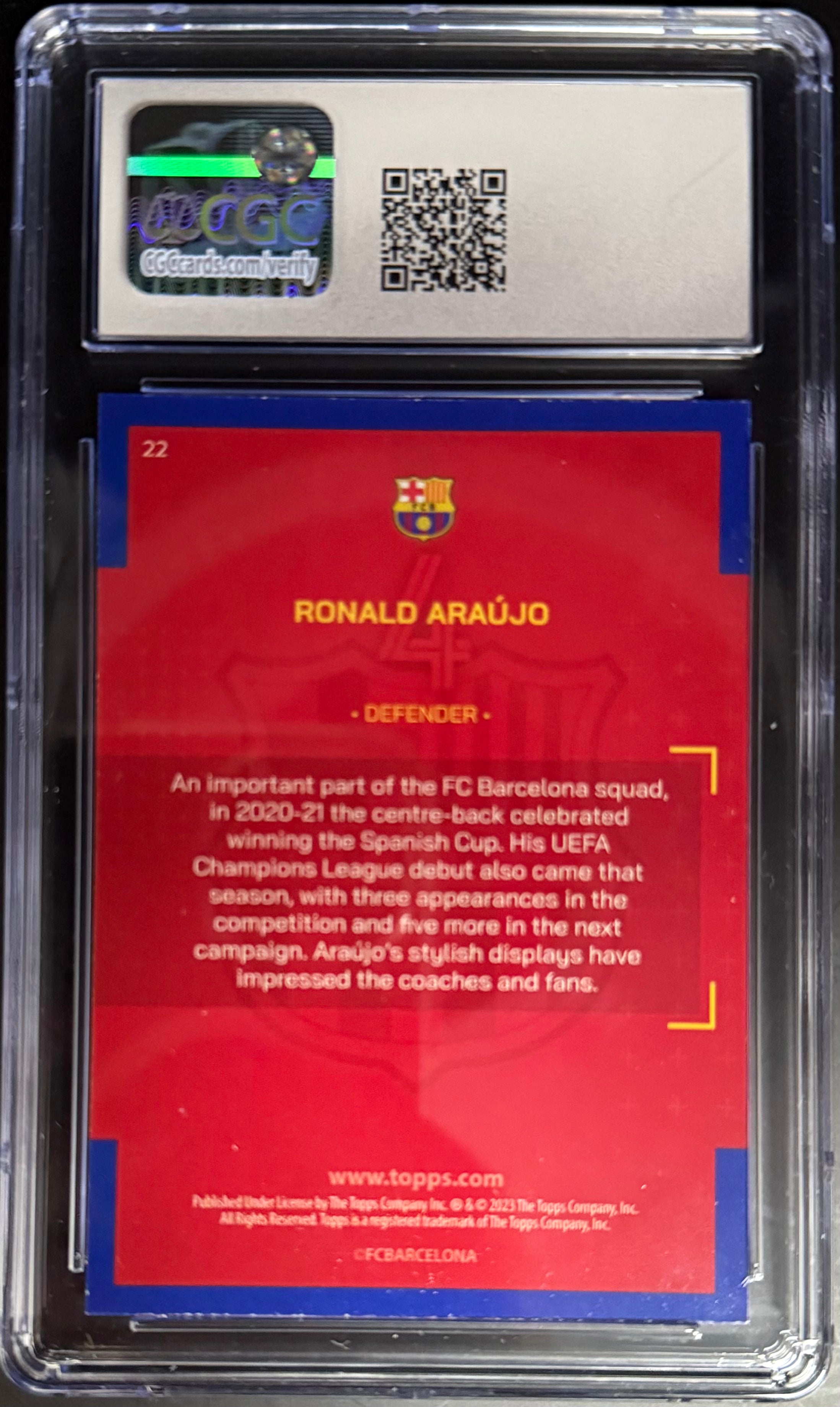 2022-23 Topps FC Barcelona Ronald Araujo #22 Base Card - CGC Graded 9 - Perfect for Soccer Collectors & FC Barcelona Fans