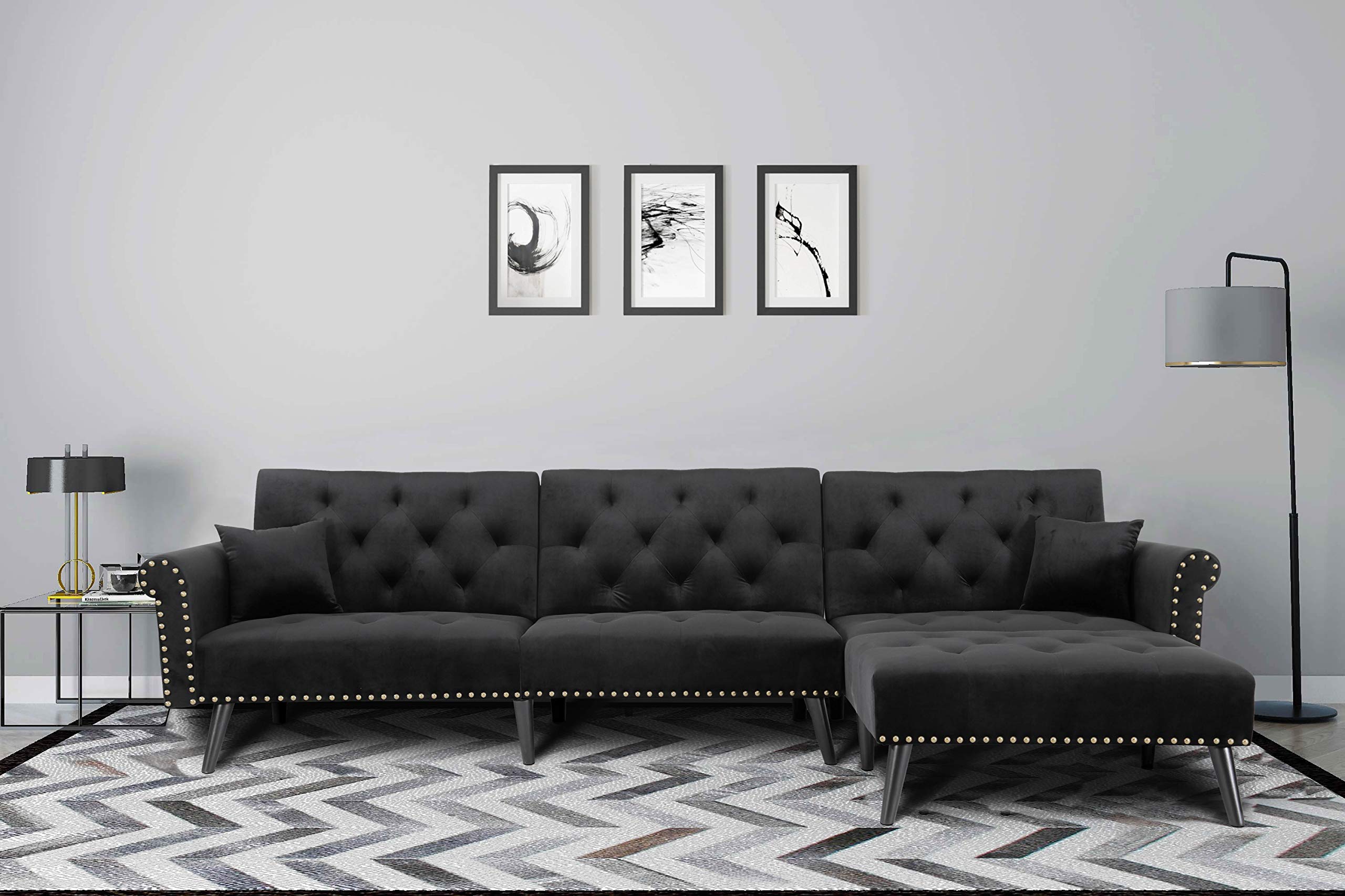 Convertible Sectional Sofa Bed with Adjustable Back - 4-Seater Sleeper Sofa, Reversible Design with Pillows (Black) - Perfect for Small Spaces, Guest Rooms & Apartments