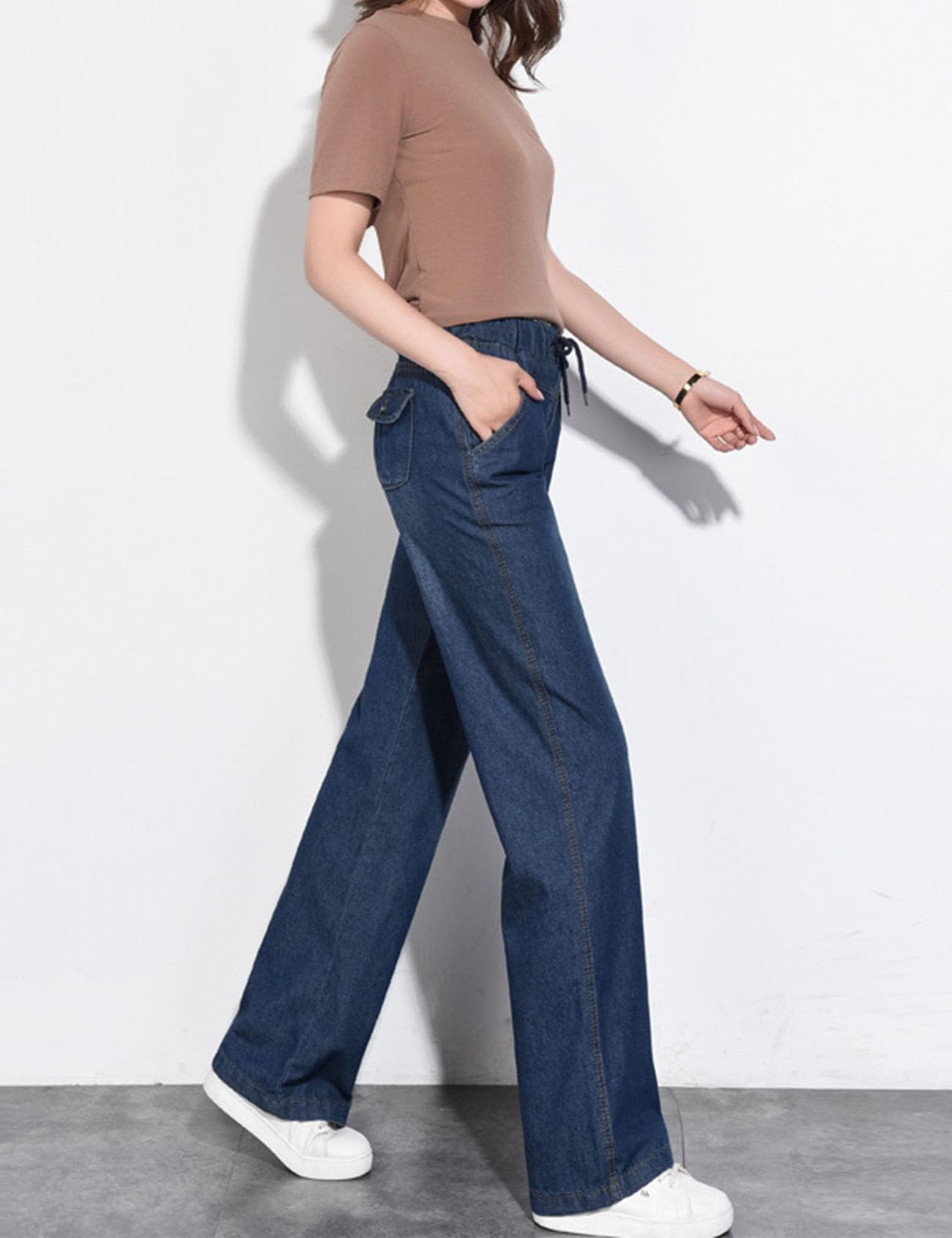 Flygo Women's Stretchy High Waist Wide Leg Denim Jeans - Comfortable Casual Pants for Work, Travel & Everyday Wear