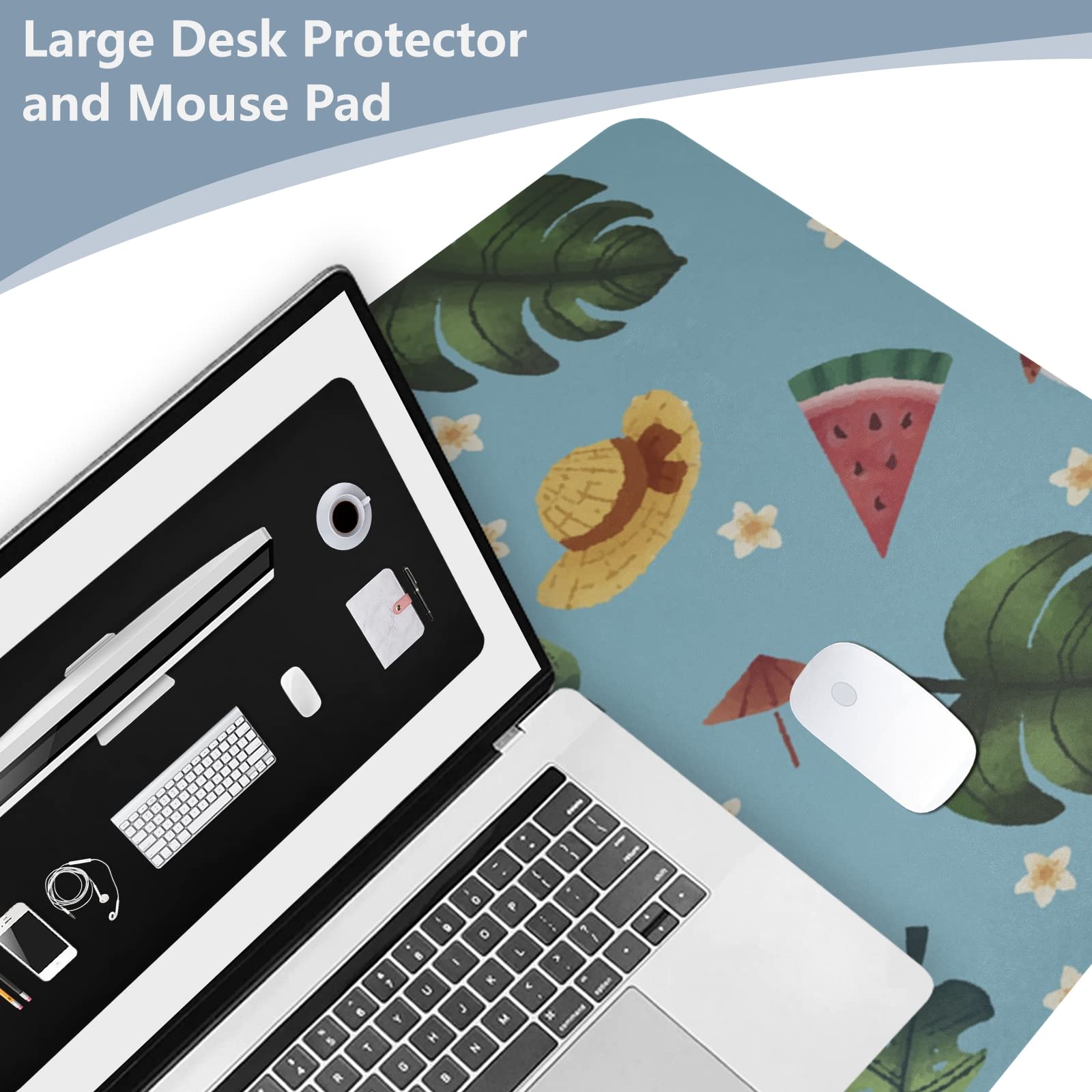 Tropical Leaves Leather Desk Mat - Dual Sided Waterproof Large Mouse Pad & Desk Blotter (16.5x35.4 Inch) for Office & Home Decor - Perfect for Workstations, Writing Desks, and Computer Setups