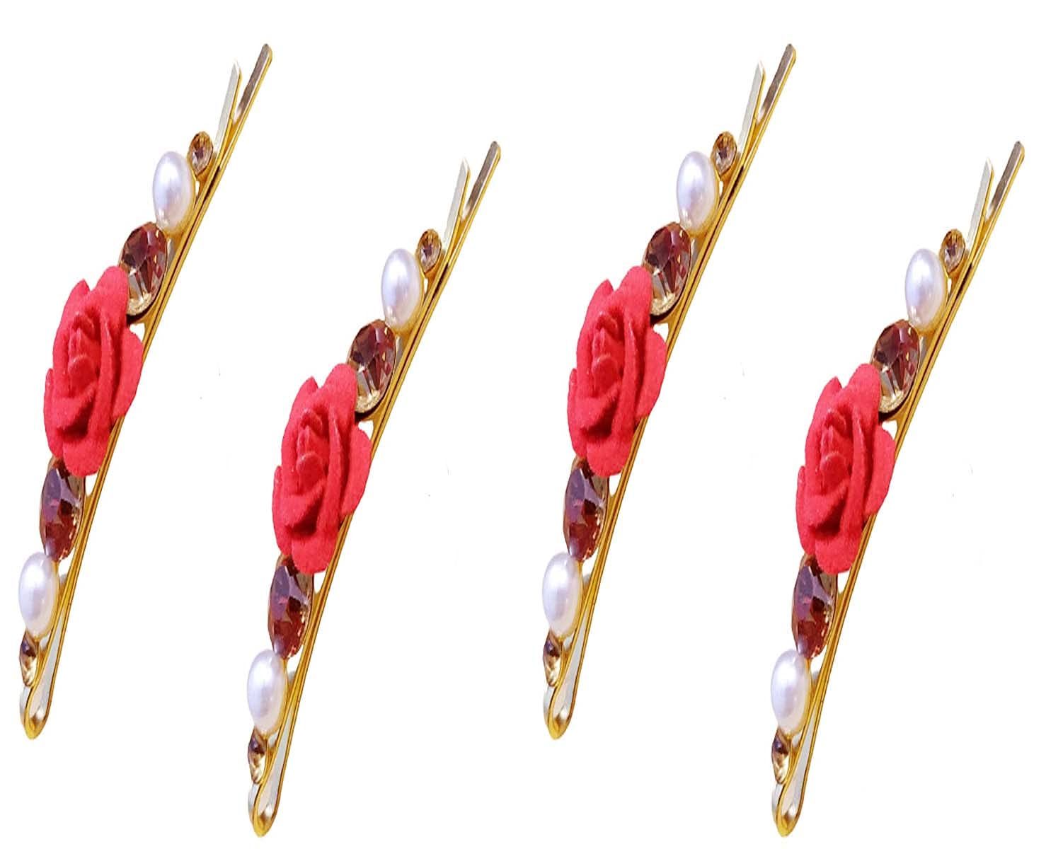 SIYAA 4-Piece Hair Clip Set - Elegant Metal Hair Clips with Red Rose Flower, Golden Stone & Pearl for Women & Girls | Perfect for Weddings, Parties & Daily Styling