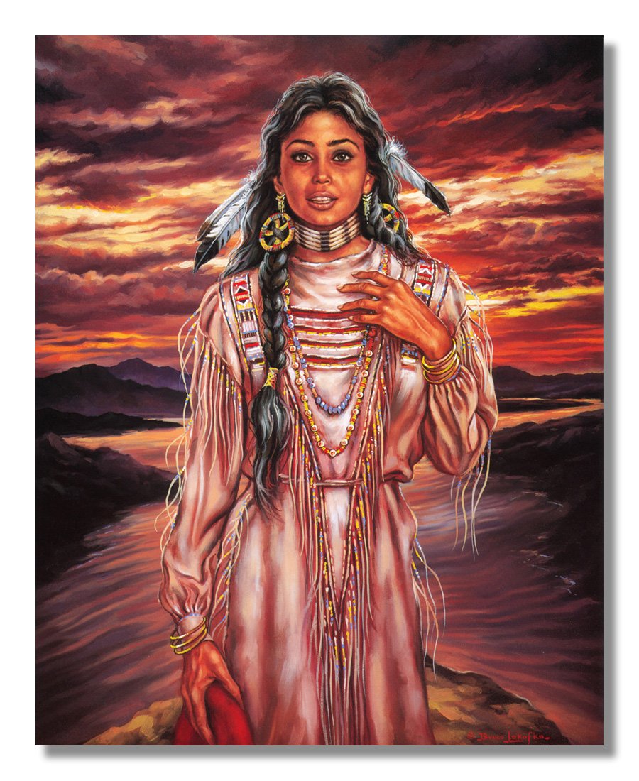 Indian Maiden at Sunset by Lake Wall Art Print - Honey Framed Landscape Painting - Perfect for Living Room, Bedroom & Office Decor