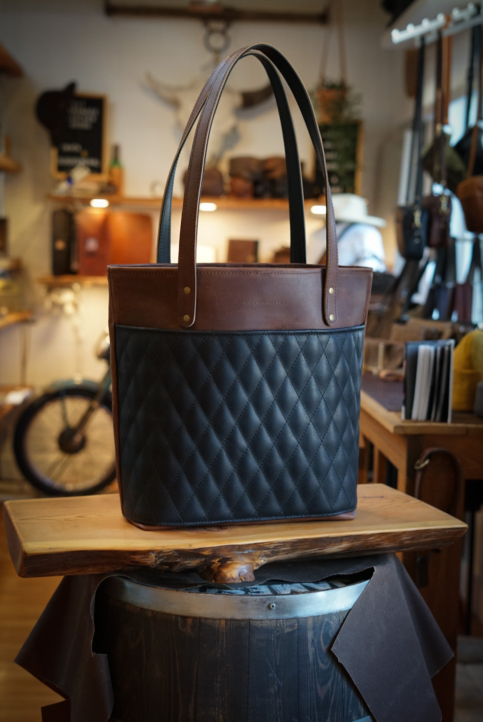 Premium Diamond Stitch Tote Bag - Dark Amber Harness & Flat Black | Stylish & Durable Shopping Bag for Women, Work, Travel & Everyday Use